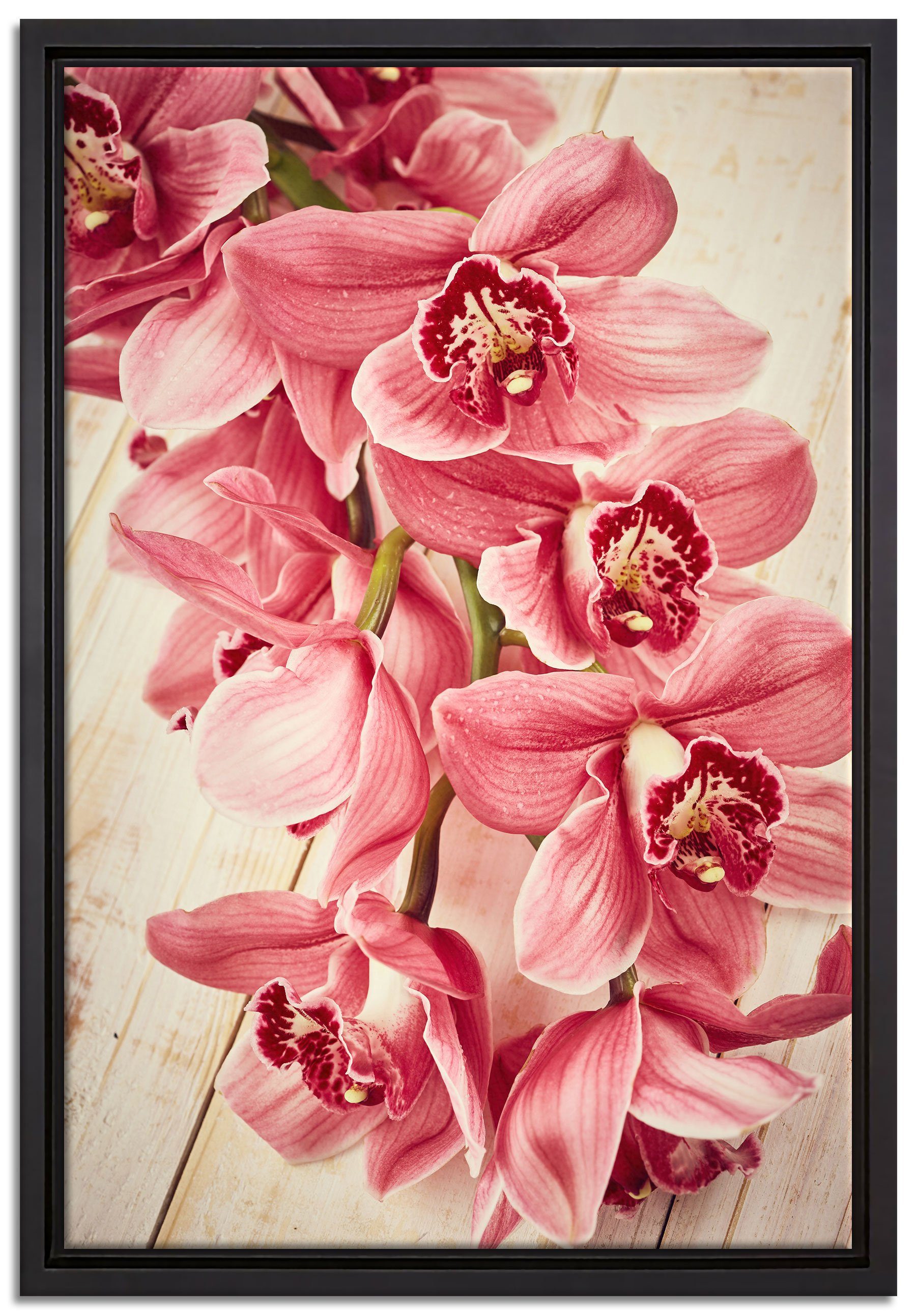 Pixxprint Leinwandbild Rosane Orchideenblüten, Wanddekoration (1 St), Leinwandbild fertig bespannt, in einem Schattenfugen-Bilderrahmen gefasst, inkl. Zackenaufhänger