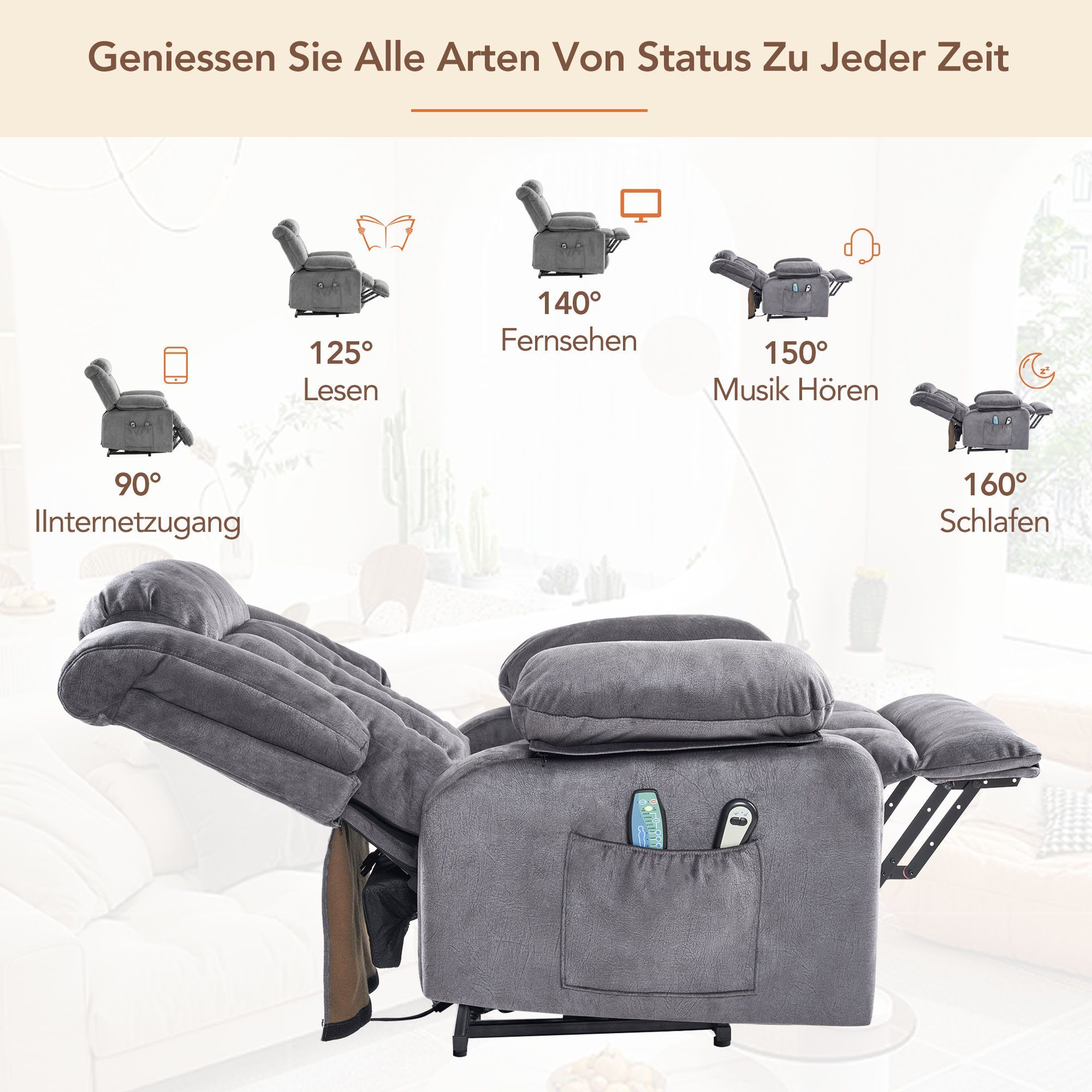 TVSessel Massagesessel Fernbedienung Relaxsessel Grau/Braun Ruhesessel Liegefunktion Odikalo