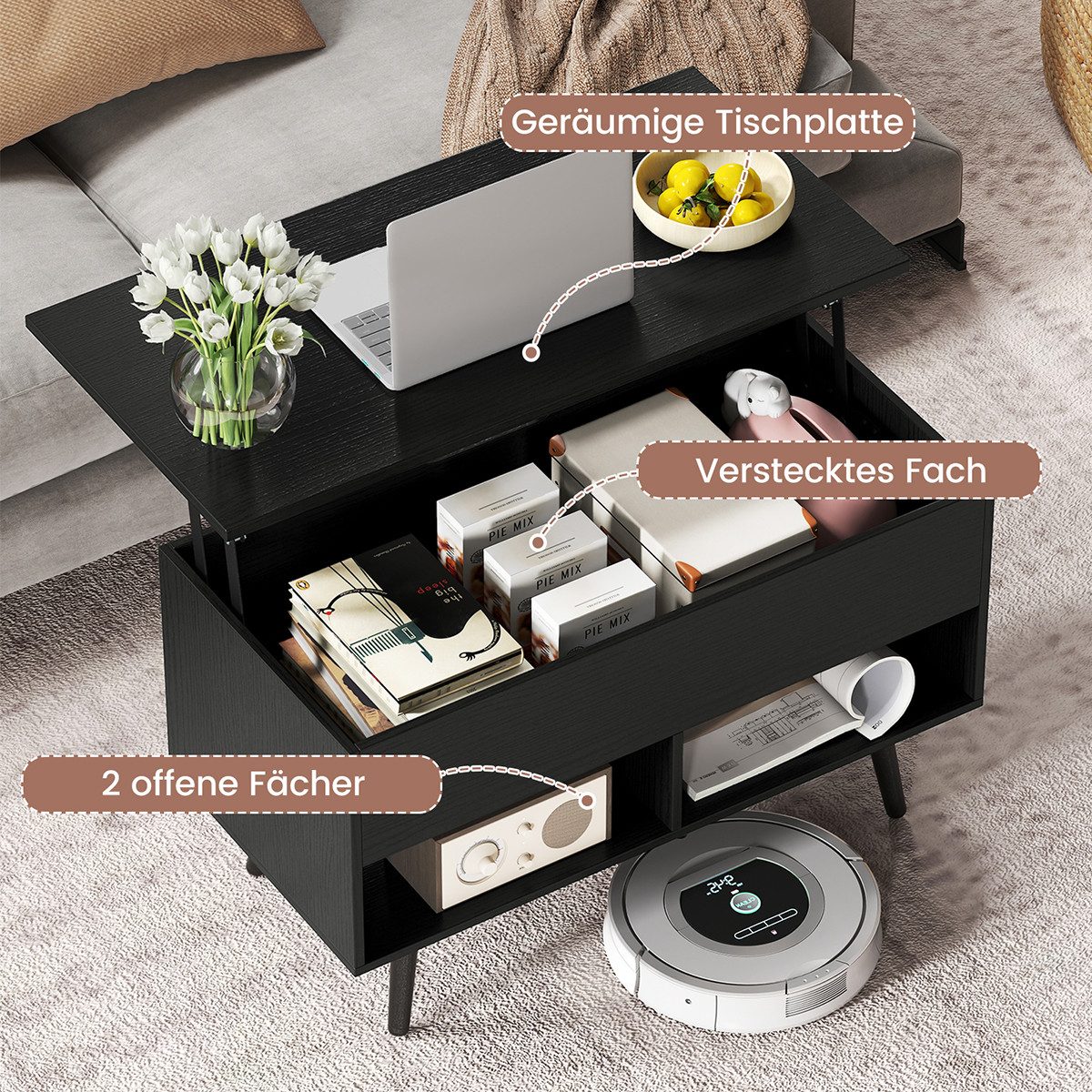 COSTWAY Couchtisch, höhenverstellbar, Stauraum mit 2 Fächern, 80x40x44,5-85 günstig online kaufen