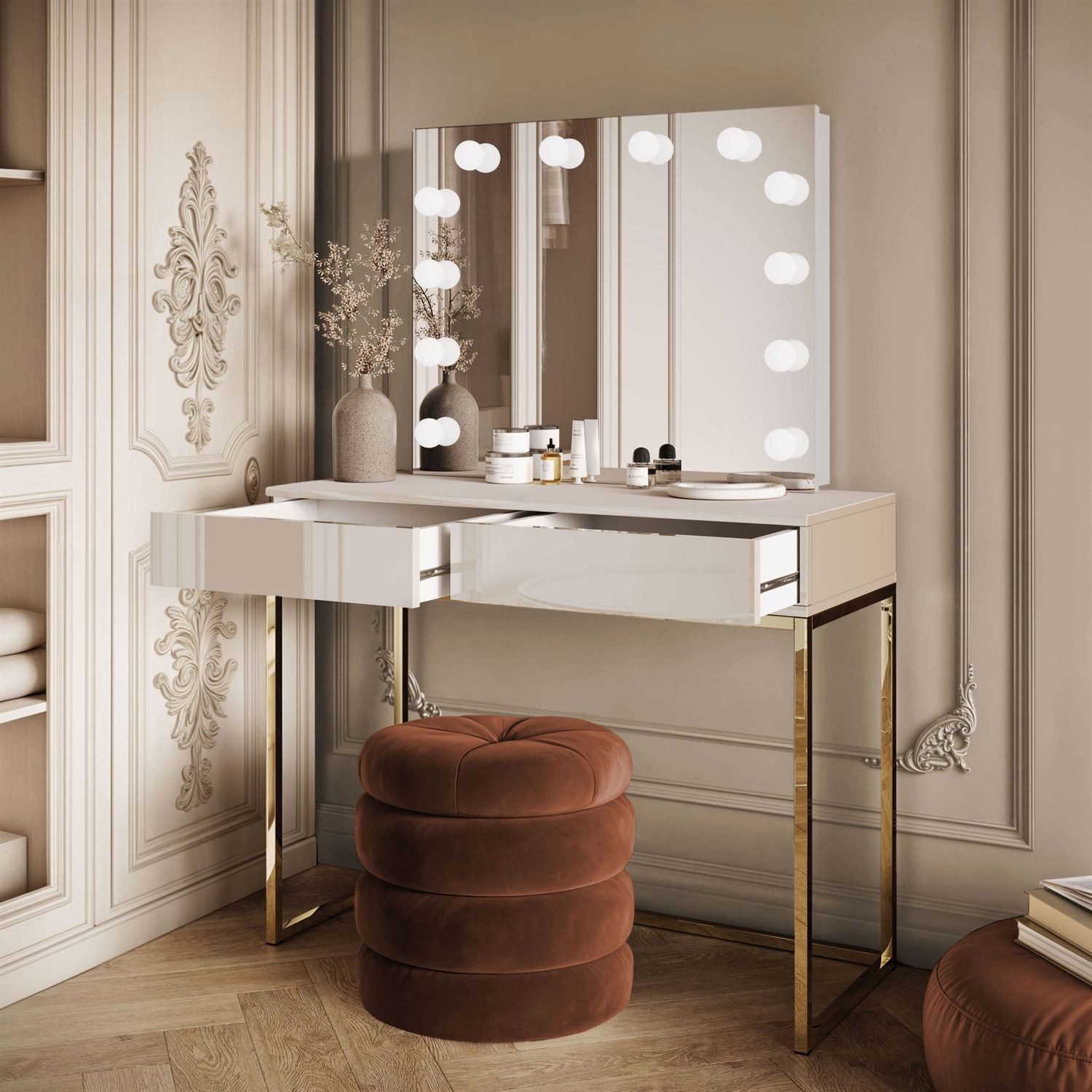 ALLHOUSE24 Schminktisch BUENO Kaschmir mit LED-Spiegel, Hochglanz-Fronten, Metallgestell Gold (1x Schminktisch, 1x Spiegel mit 12 LED Lampen), Breite 100 cm