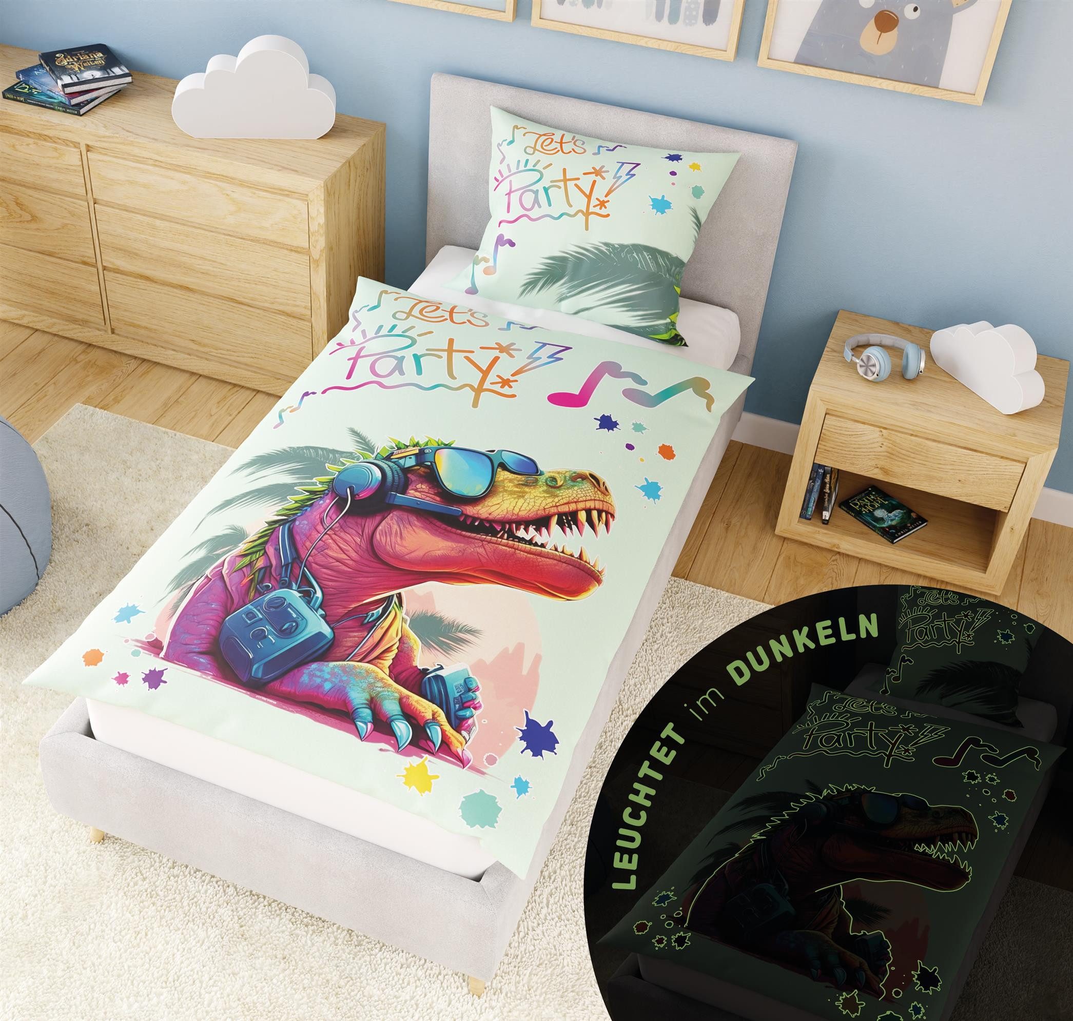 Kinderbettwäsche +10 SPIELE Leuchtende Dino Bettwäsche 135x200 Baumwoll Bettzeug Kinder, Carpe Sonno, Renforcé, 2 teilig, Kinder-Bettwäsche GLOW IN THE DARK Dinosaurier Bettwäsche Dino