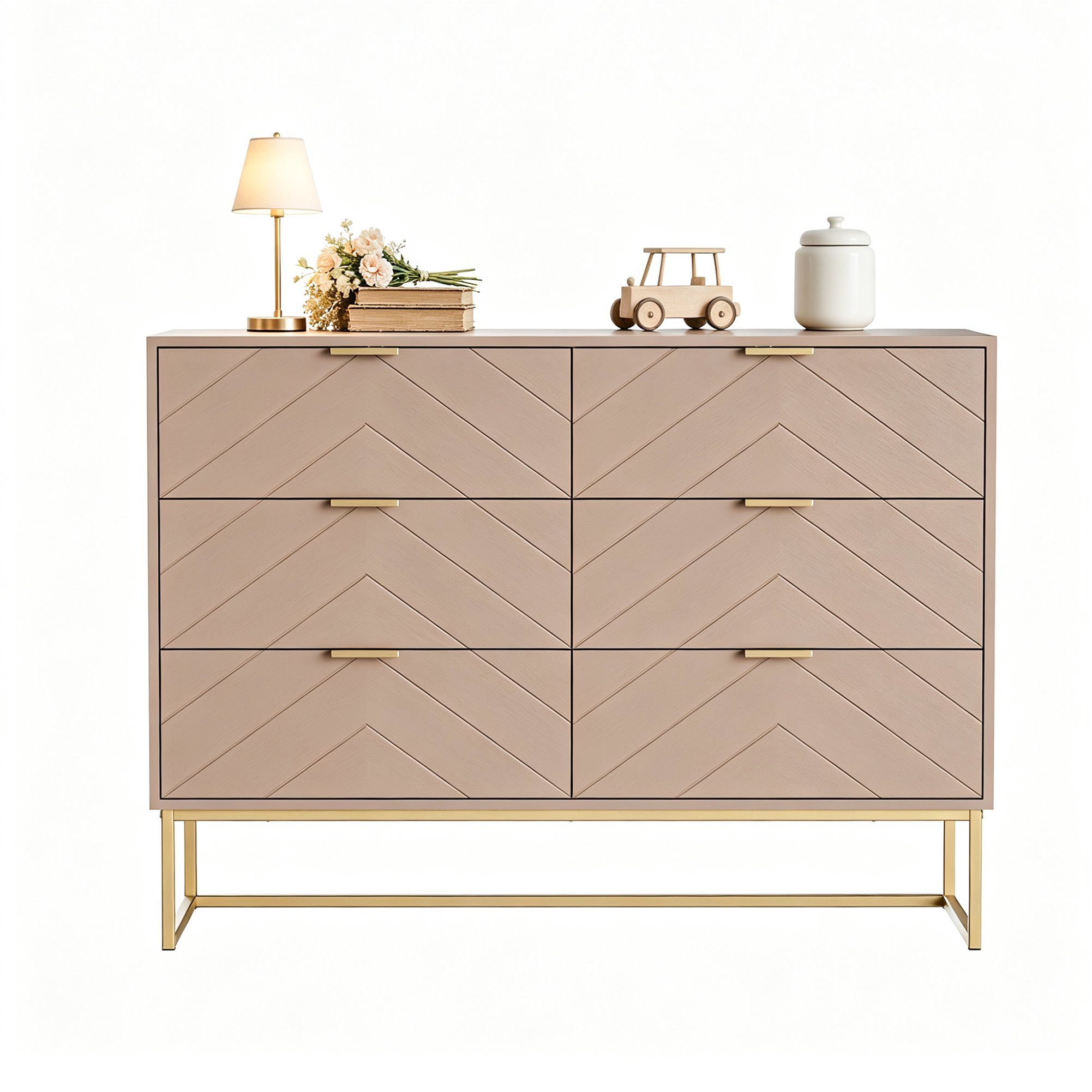 UEV Sideboard mit 6 Schubladen, Kommode Mehrzweckschrank mit Kisppschutz (100x34x73,5cm Schubladenschrank für schlafzimmer Wohnzimmer Flur), Küchenschrank Komodenschrank schmal mit Metallfuß Aufbewahrungsschrank
