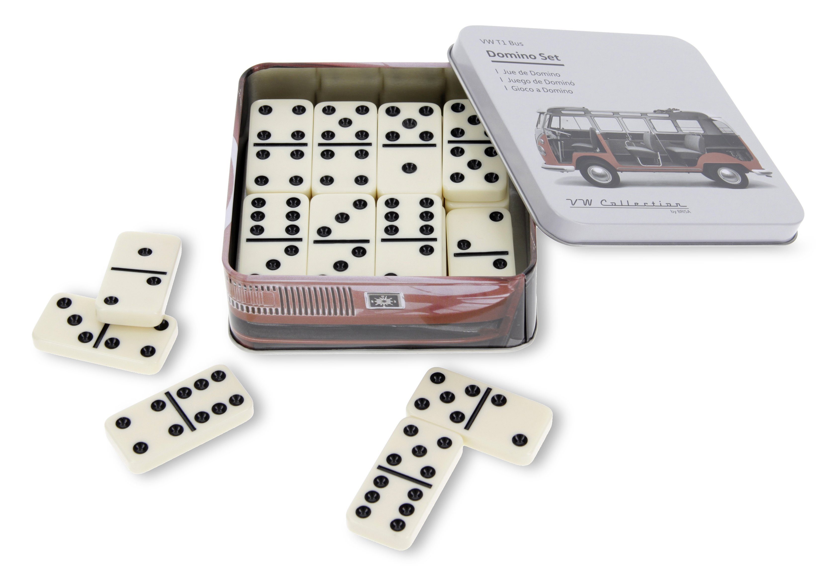 VW Collection by BRISA Spielesammlung, Familienspiel Volkswagen Domino Spielset in Metalldose, Gesellschaftsspiel im T1 Bulli Bus Motiv