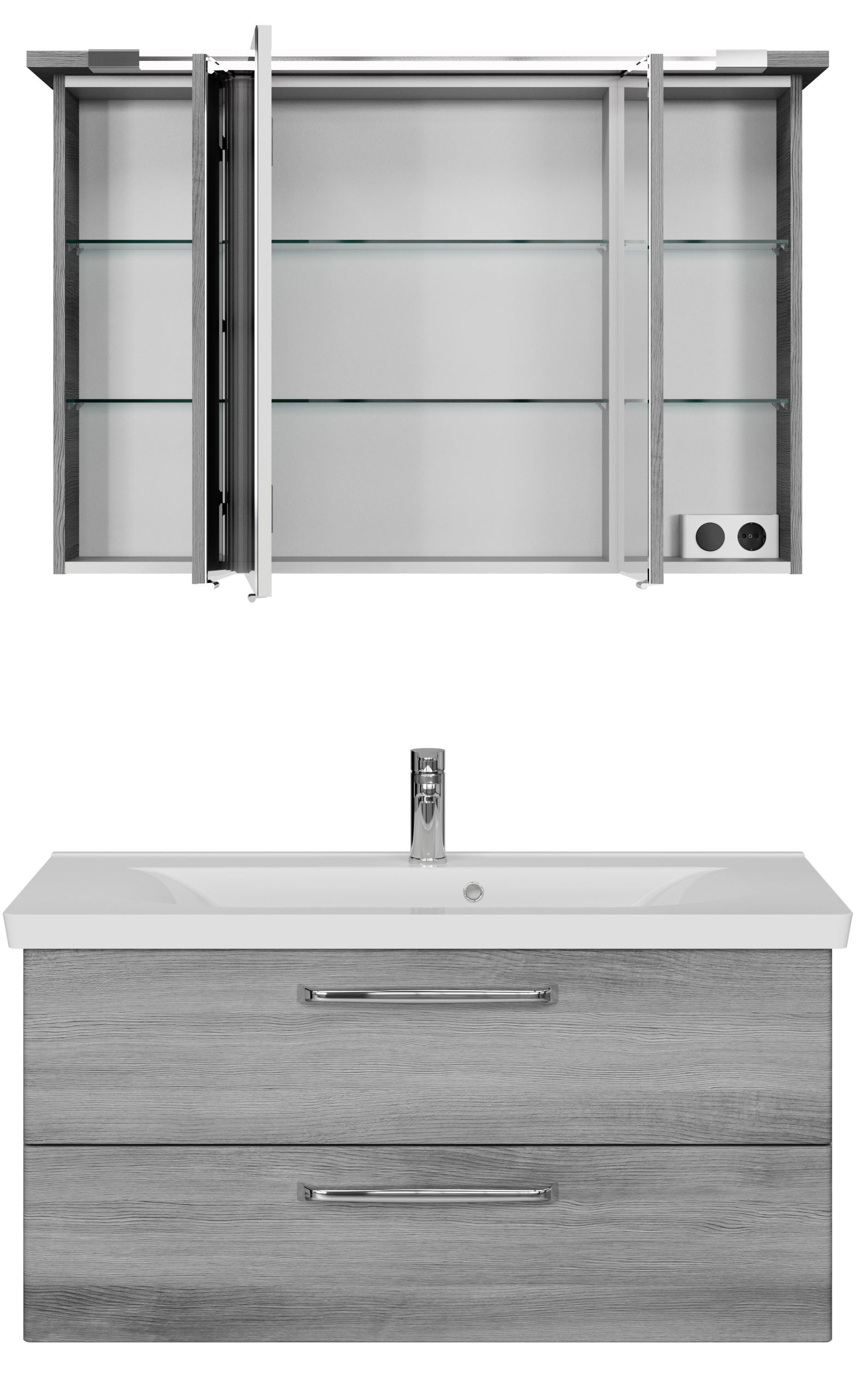 Saphir Badmöbel-Set Trentino 2-tlg Mineralmarmor-Waschtisch, Spiegelschrank mit LED-Profil, (3-St), Badmöbel-Set 110cm breit, inkl. Türdämpfer, 3 Türen, 2 Auszü – Bild 4 von 5