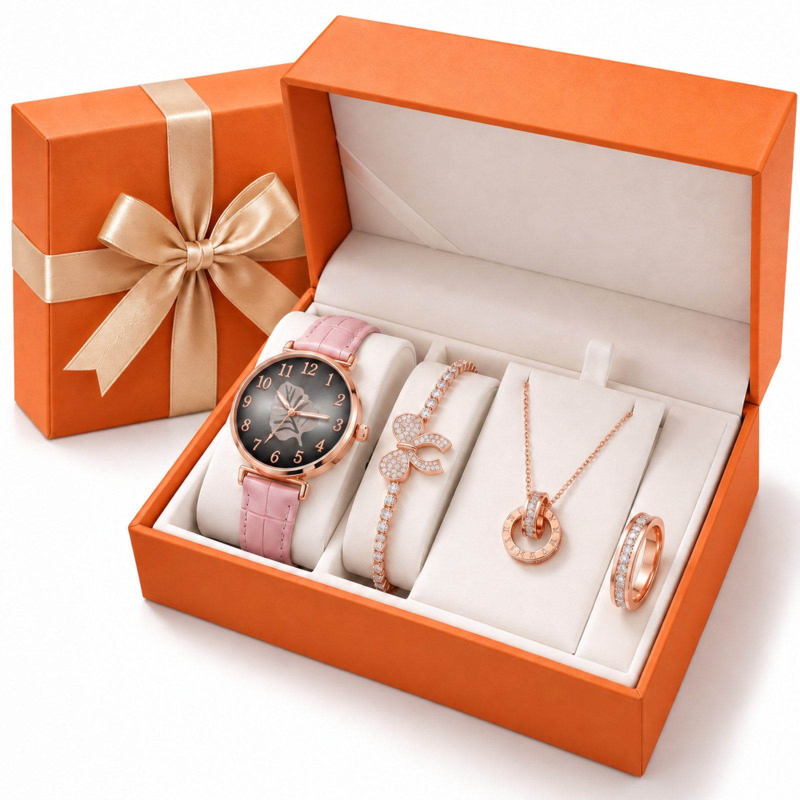 ibettertec Quarzuhr Damenuhr Schmuckset als Geschenk für Frauen, (4-teiliges Geschenkset mit Damenarmbanduhr, Armband, Halskette & Ring in Geschenkbox, Geschenk für Frauen zu Weihnachten, Geburtstag, Muttertag, Valentinstag, 1-tlg., Weihnachtsgeschenk für Frauen), Elegantes Damen-Uhren-Set mit Schmuck in Roségold-Optik
