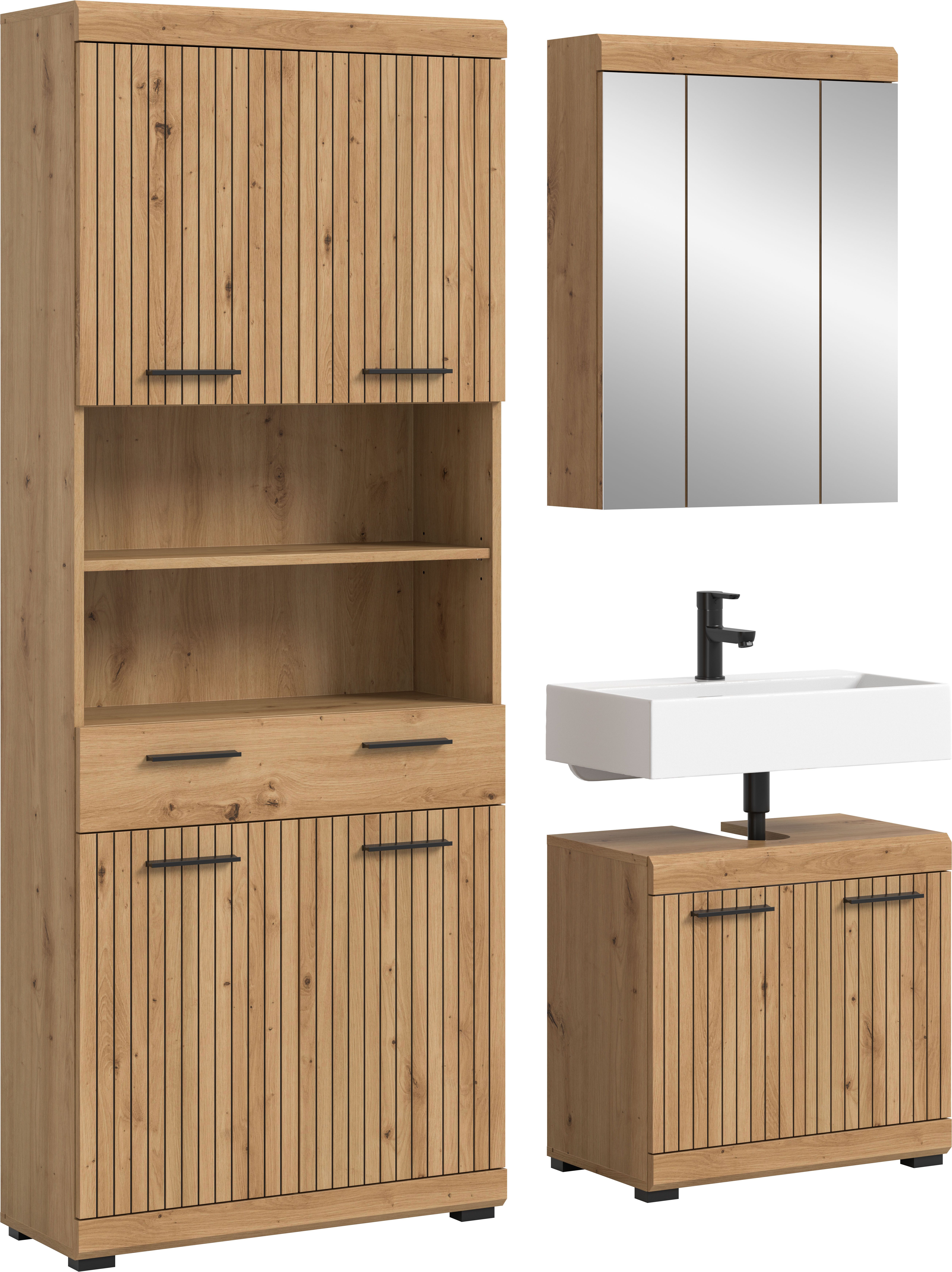 welltime Badmöbel-Set SIENA, TOPSELLER!, Breite 149cm, 3-teiliges Set, (Set, 3-St., bestehend aus: Hochschrank, Waschbeckenunterschrank & Spiegelschrank), Kombination, Badkombination, Bad-Set, Badezimmerschrank, Bad, Schrank