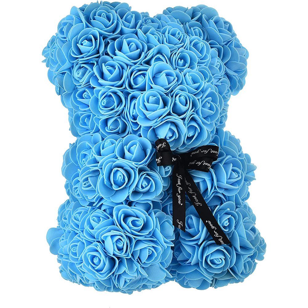 Kunstblume Blumenbär mit Geschenkbox Rose Bear aus ewigen Rosen in voller Farbe, Houhence blau