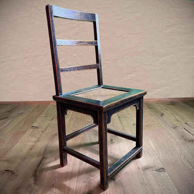 Asien LifeStyle 4-Fußstuhl Vintage China Holz Stuhl mit Rattan Sitzfläche