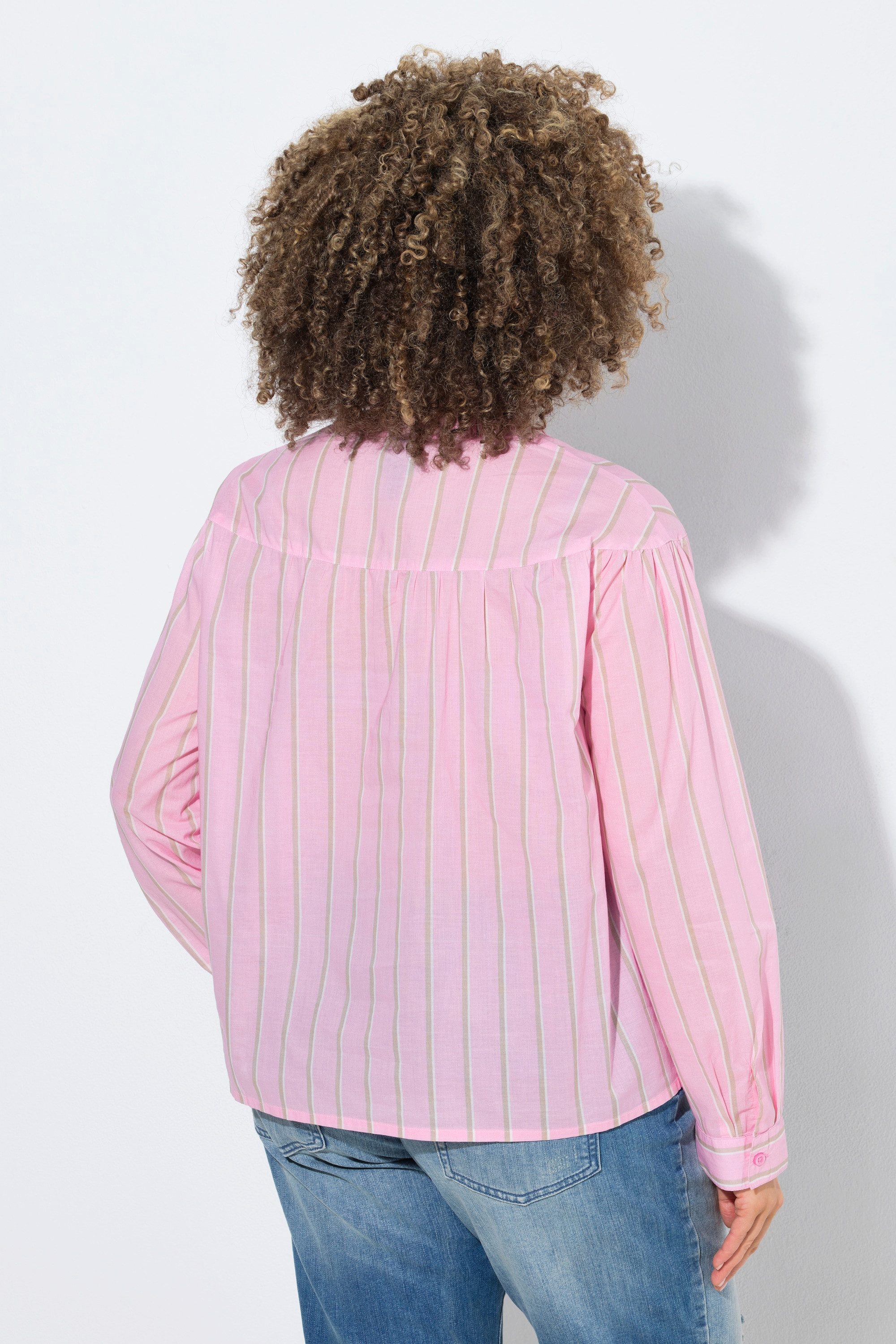 Ulla Popken Longbluse Bluse Streifen A-Linie Volant-Ausschnitt Langarm