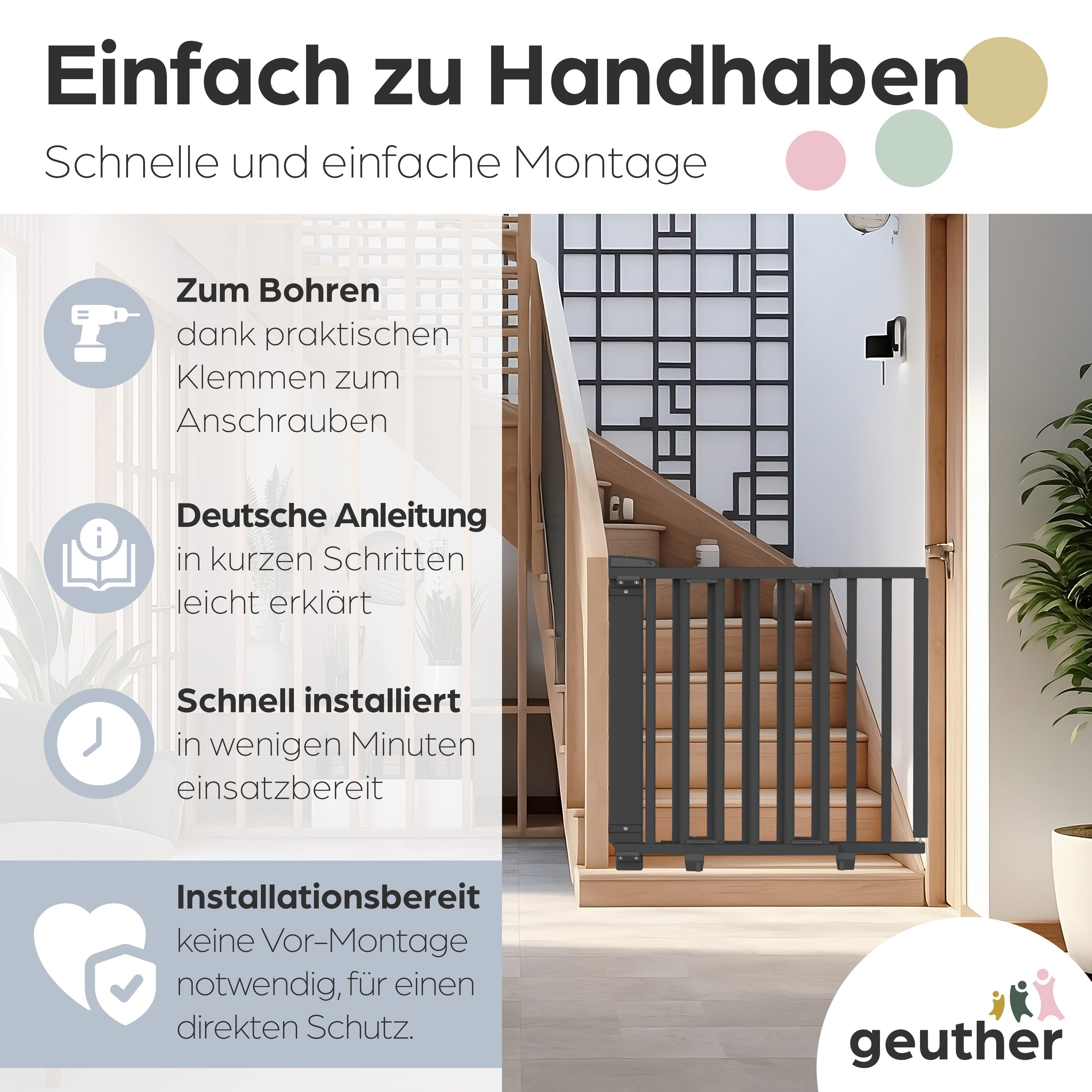 Geuther Treppenschutzgitter Oris zum Bohren 67-135 cm Schwarz, Für Erwachsene leicht zu öffnen – Bild 5 von 5