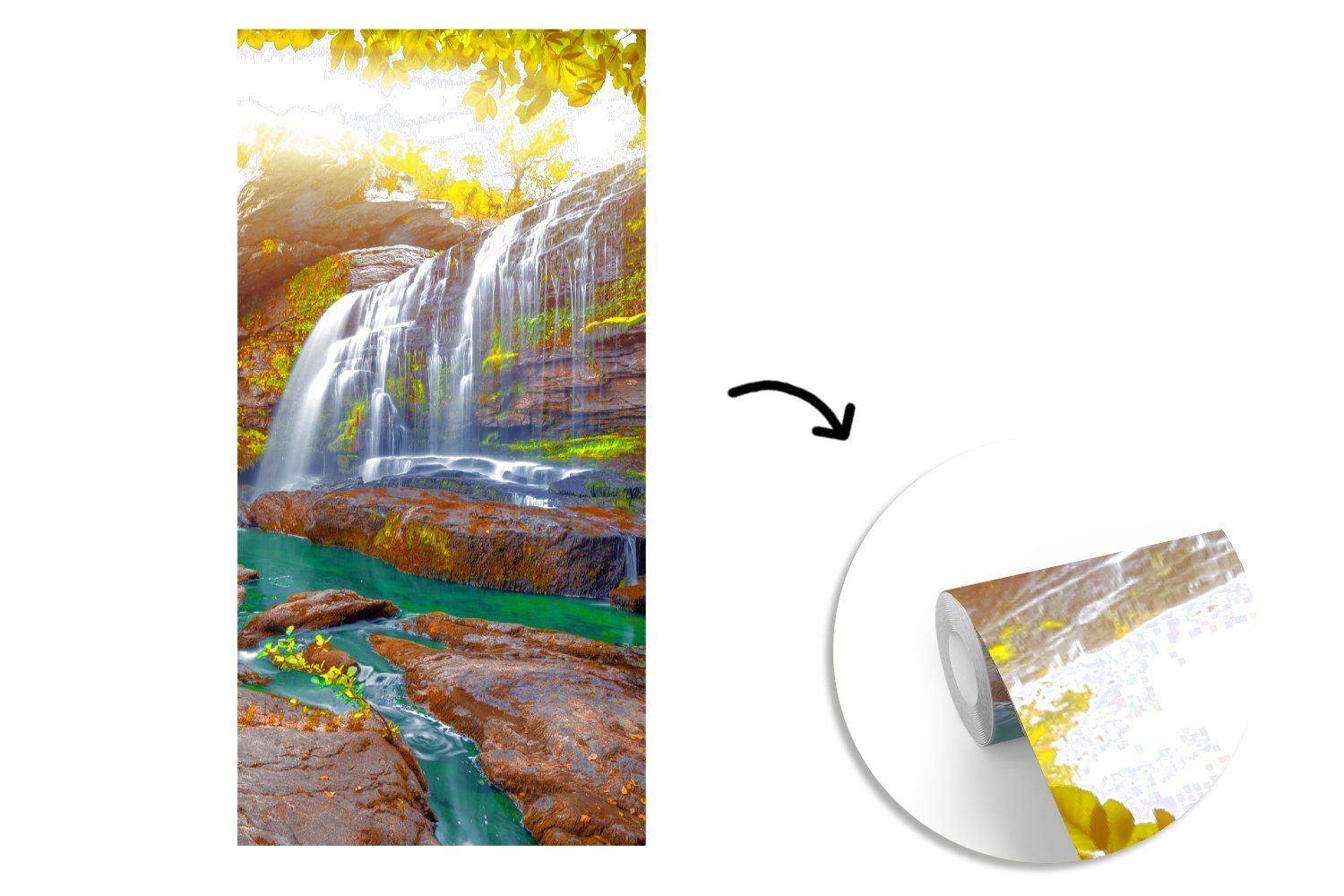 MuchoWow Fototapete Natur - Wasserfall Matt, - Küche, bedruckt, Vliestapete Bäume - Sonne, Schlafzimmer St), für - Pflanzen Wohnzimmer (2 Fototapete