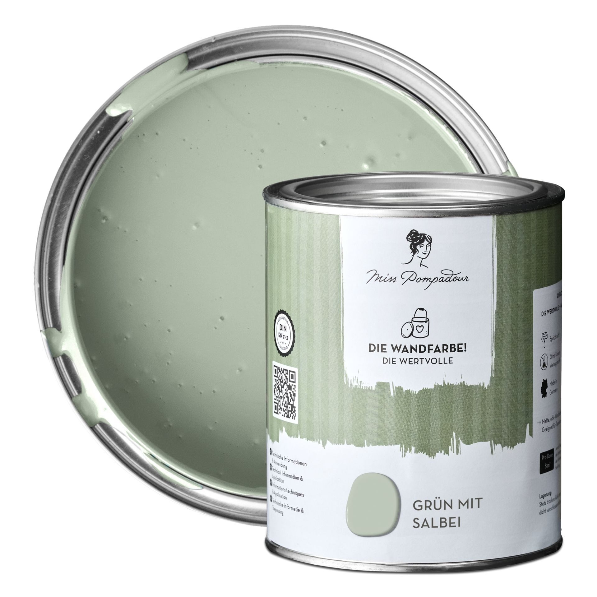MissPompadour Wandfarbe Grün mit Salbei - matte Wandfarbe mit sehr hoher Deckkraft 1 L, geruchsneutrale und spritzfreie Innenfarbe, wasserbasiert