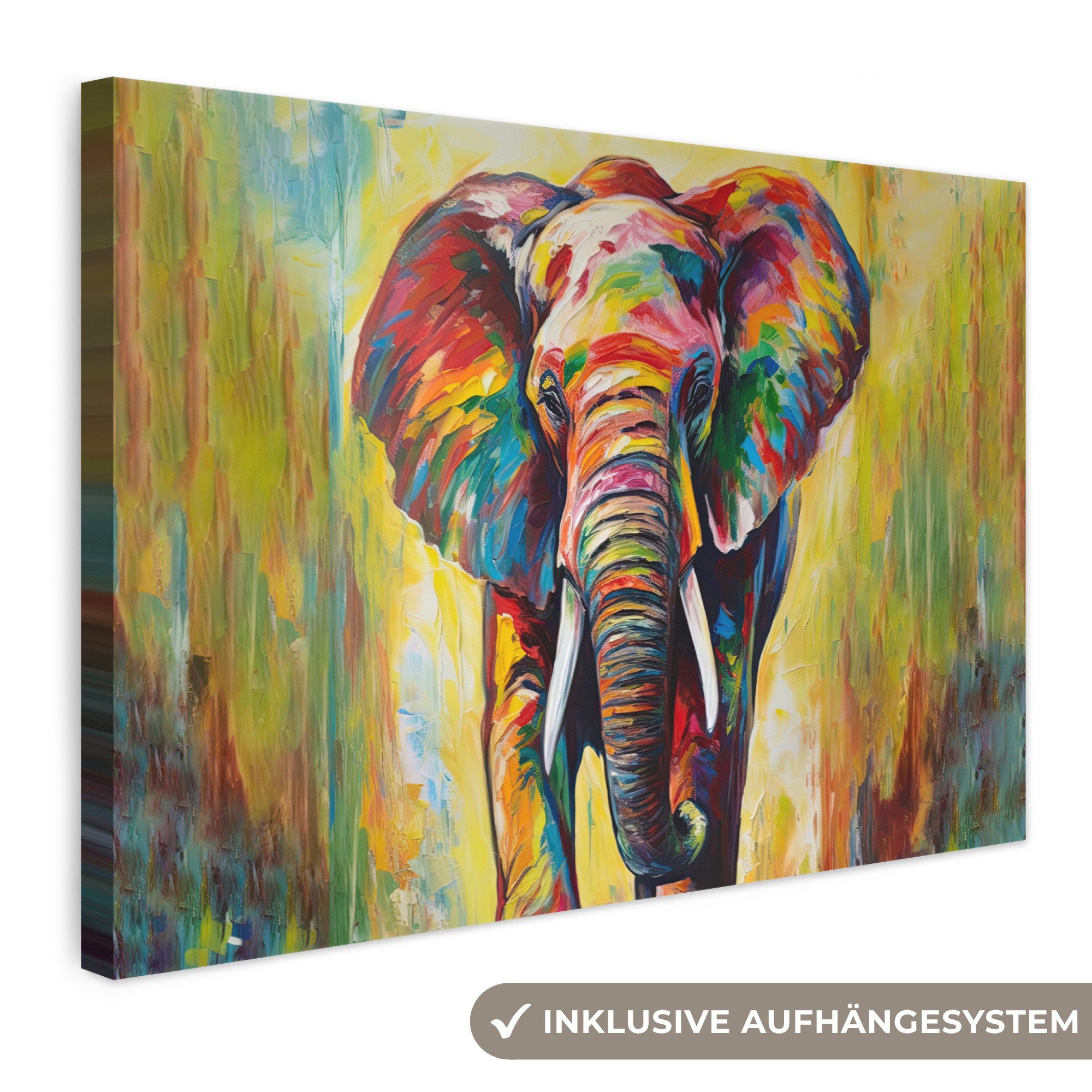 OneMillionCanvasses® Leinwandbild Elefant - Kunst - Malerei - Tiere - Regenbogen, Fotodruck (1 St), Leinwand Bilder Klein, Wand Dekoration Aesthetic 30x20 cm