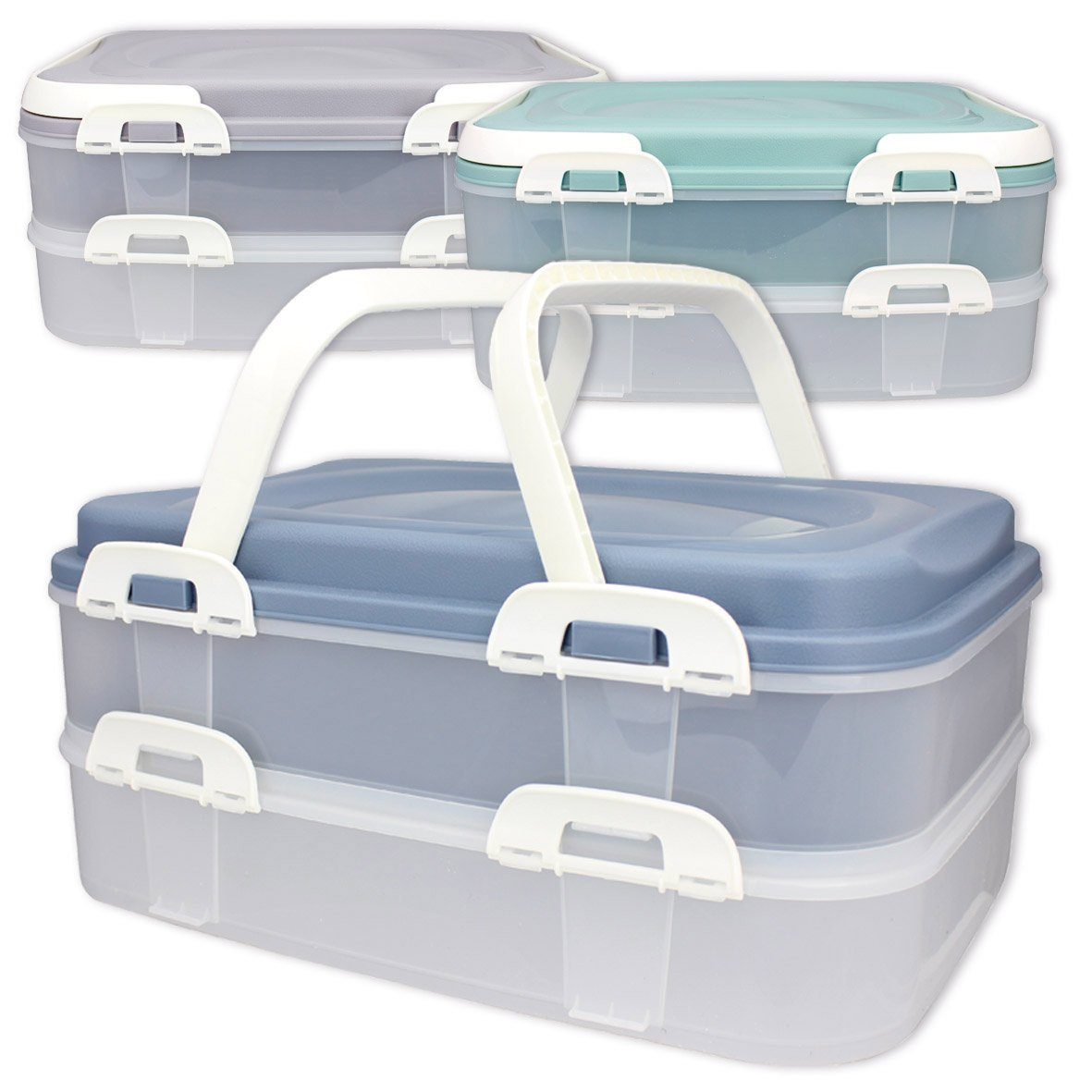 2 Kuchentransportbox Blau), lebensmittelecht und (Farbe: XL, klappbaren Lebensmittel Transportbox Centi mit Etagen Container Kunststoff, Kuchenbehälter Griffen Party
