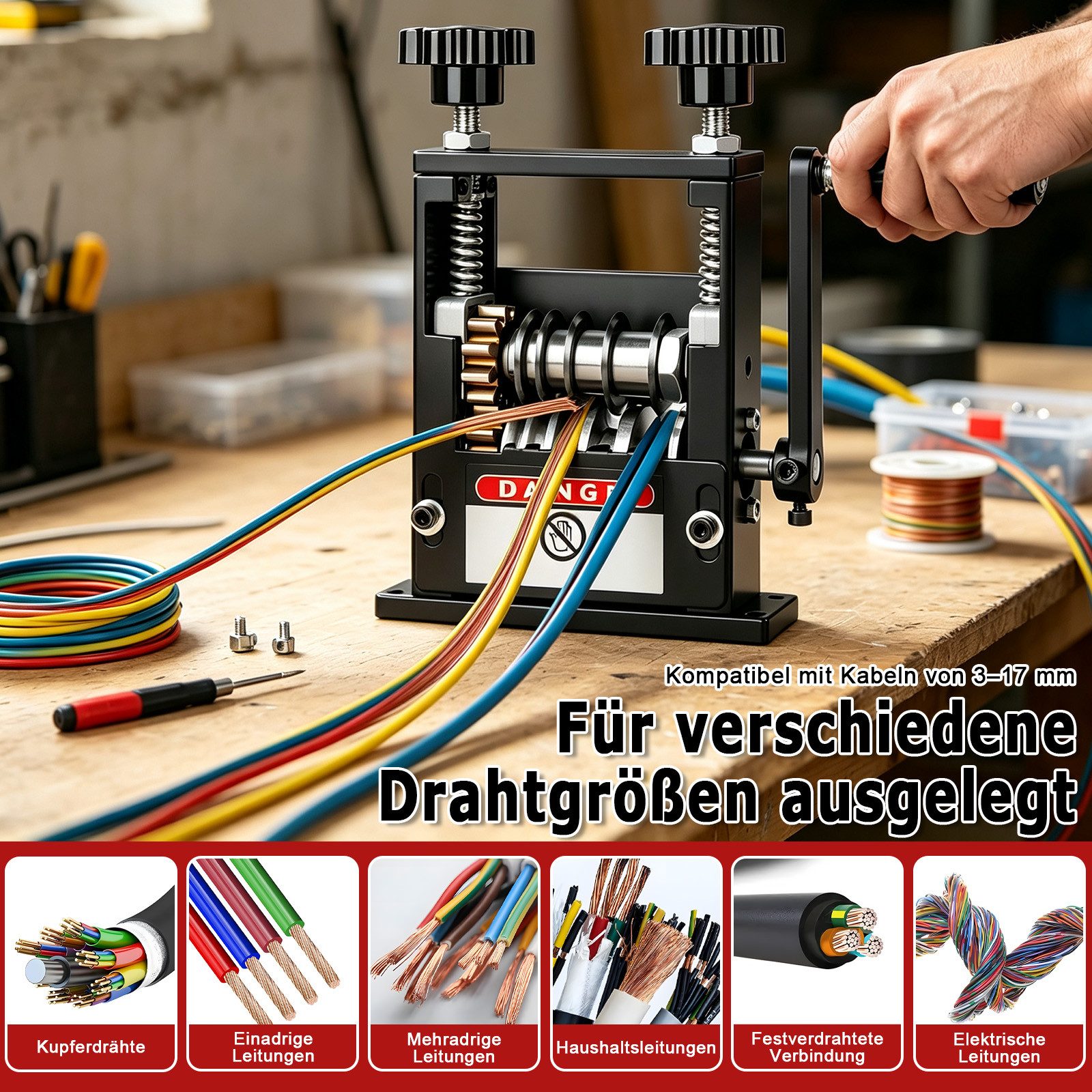 AKKEE Abisolierzange Kabelschälmaschine, Manuelle Kabelabisoliermaschine, mit 6 Kanälen und 5 Klingen, Kabel Abisolierer Maschine