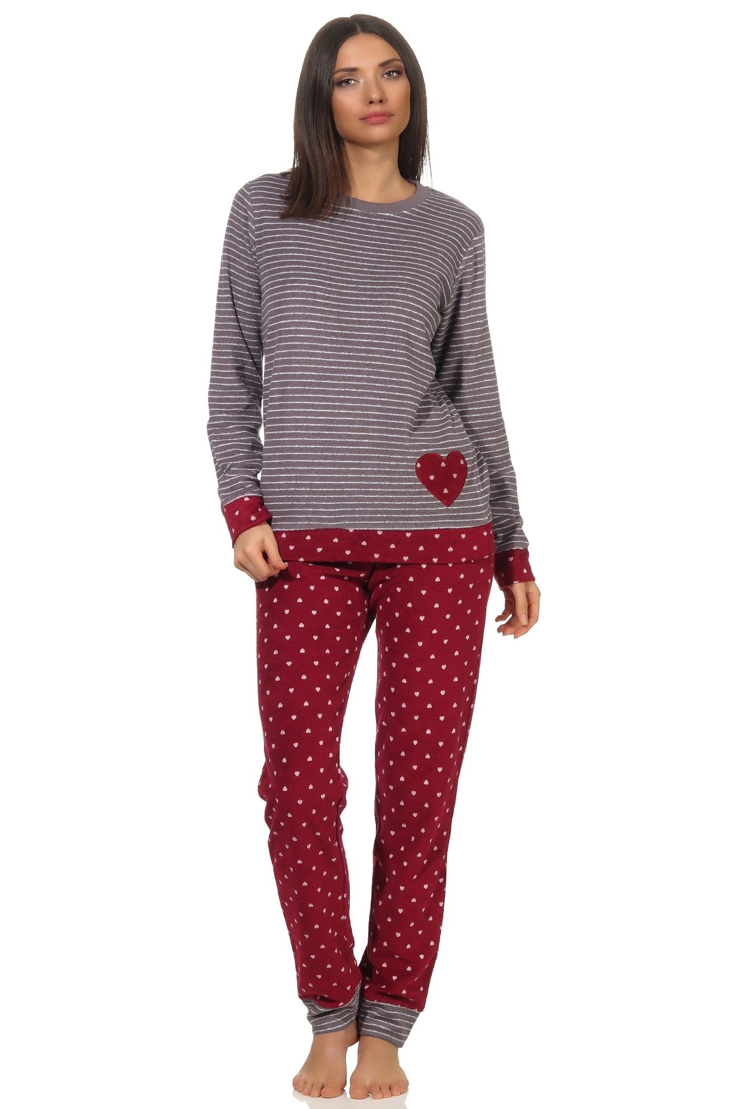 Normann Pyjama Damen Frottee Pyjama mit Bündchen im Herz Tupfen- und Ringeldesign