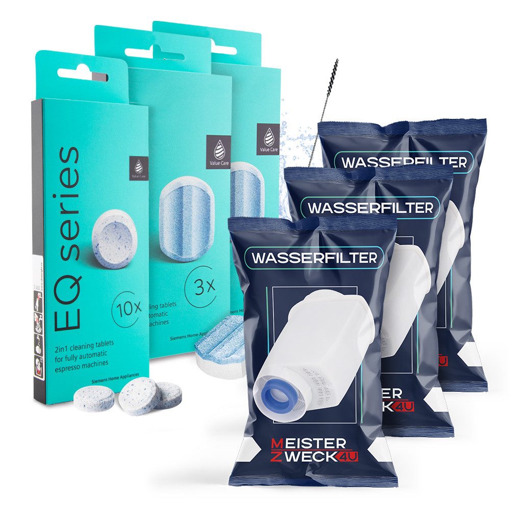 MEISTERZWECK4U Kaffeevollautomaten-Reinigungsset (Spar-Set, [1-St. 3 Filter, Siemens Reiniger (10), Siemens Entkalker (6), Bürste Pflegeset mit 3 Wasserfiltern & original Siemens Reinigung/Entkalkung)