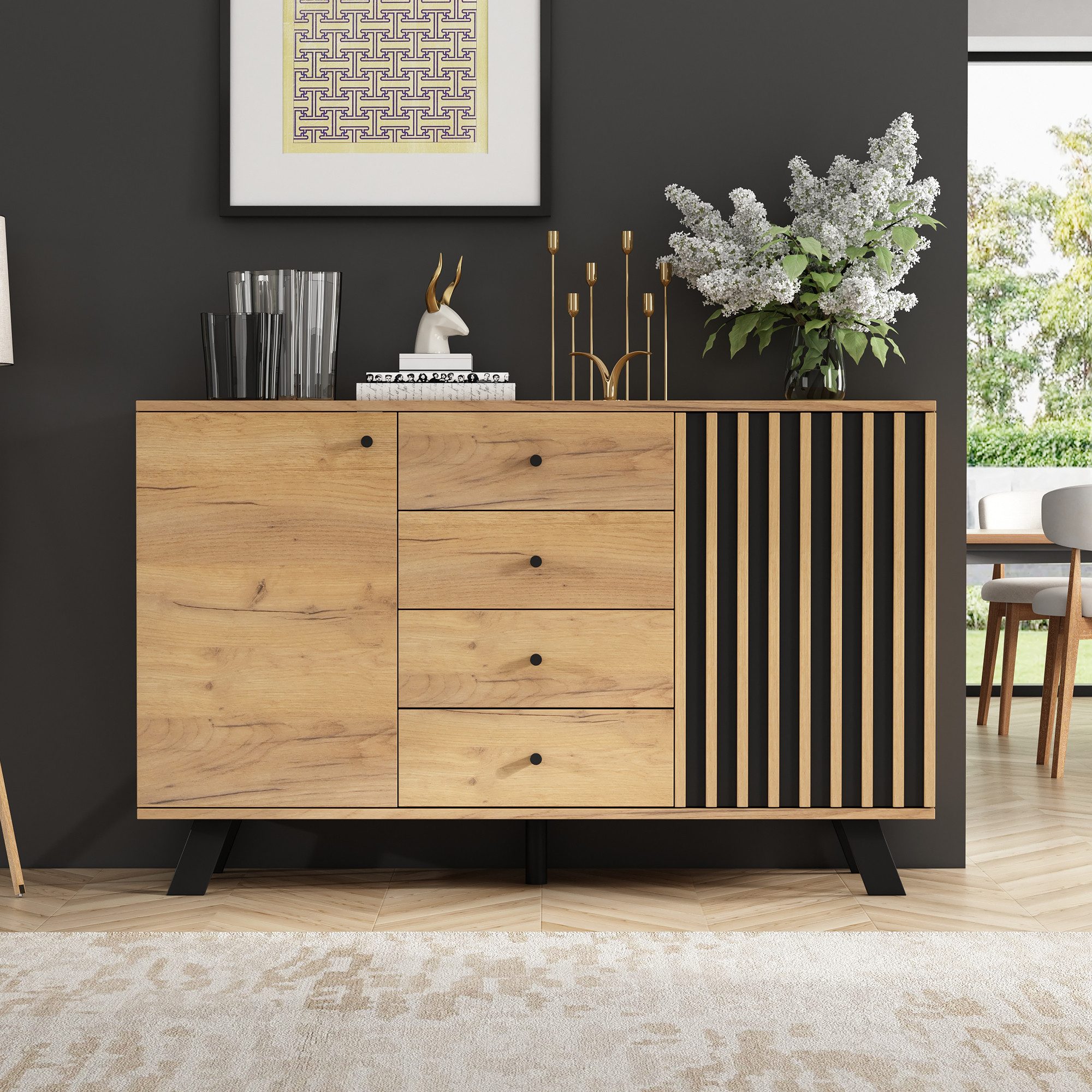 Merax Sideboard Sideboard mit Massivholzbeinen und Holzoptik (Buffetschrank, 1 St., 120*38*75 cm), Kommode mit 4 Schubladen & 2 Schränken, Anrichte mit hohlem D – Bild 3 von 5