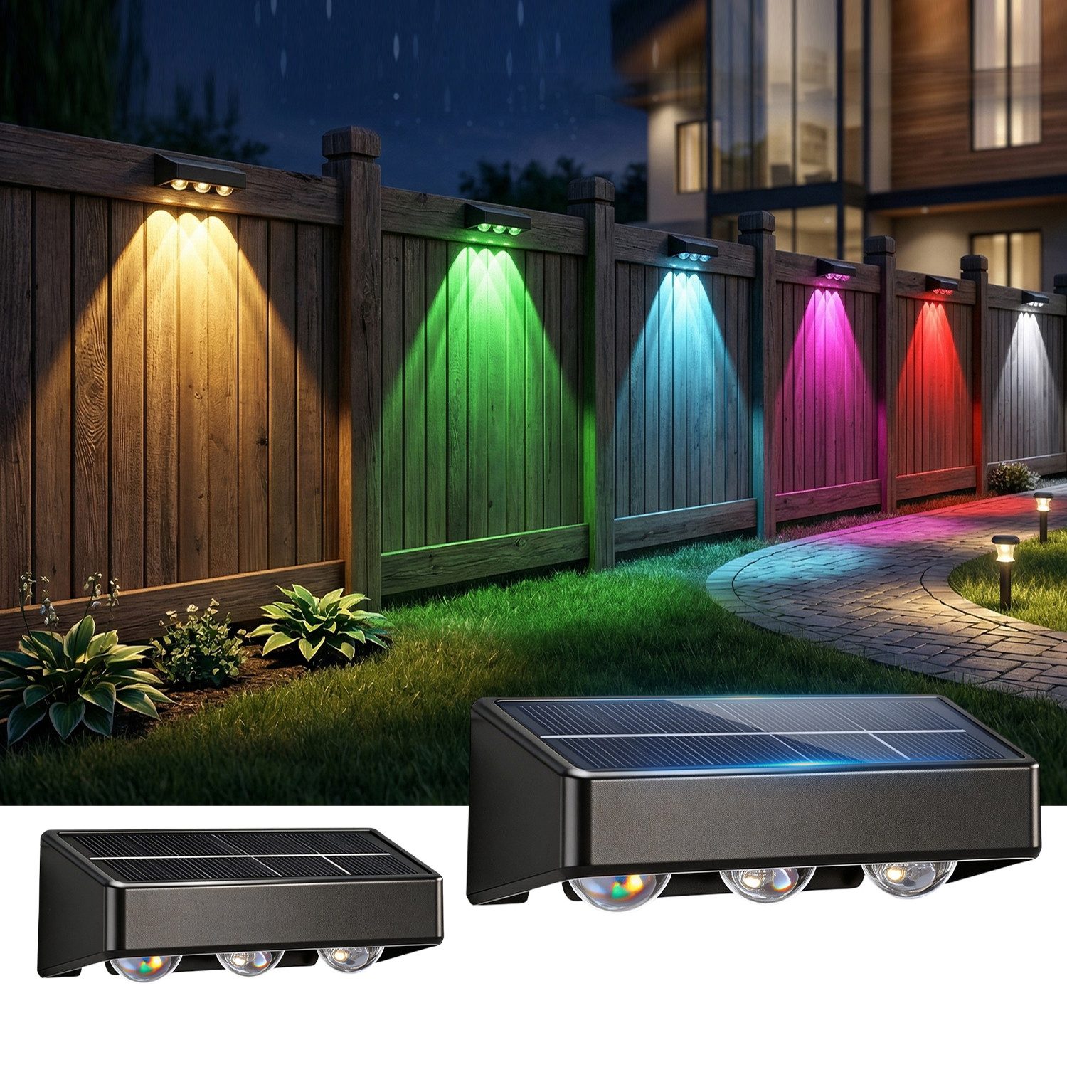 oyajia LED Solarleuchte 4 Stück LED Solarlampe für Außen, 3 LEDs Solarleuchte Außen Wandlampe, LED fest integriert, Warmweiß, Kaltweiß, RGB, RGB LED Solarleuchte für Veranda, Garten, Terrasse, Zaun, Wand, Balkon