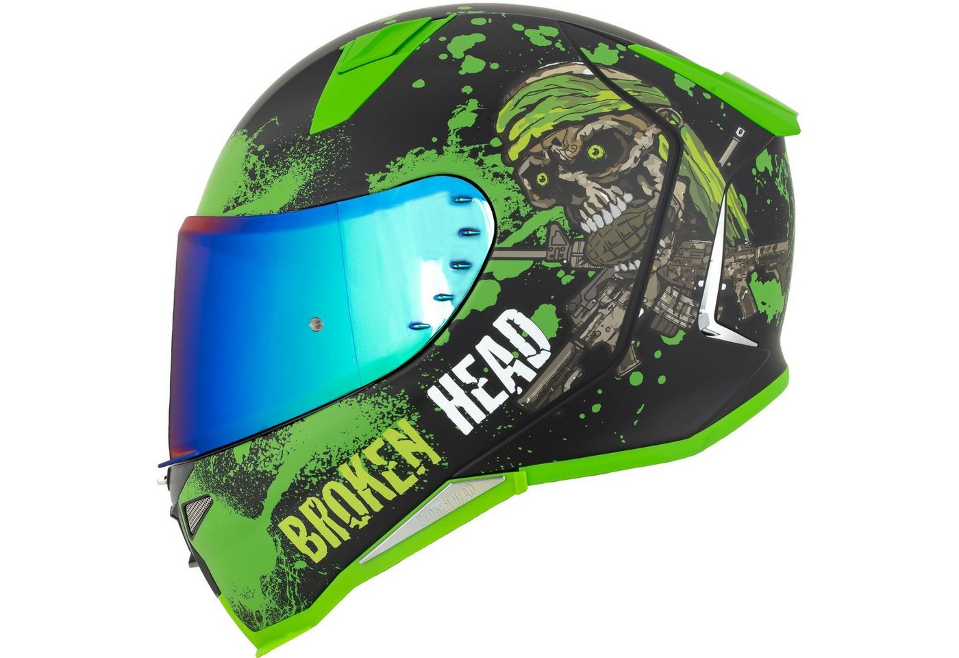 Broken Head Motorradhelm Broken Head Jack S. V2 Pro Grün (mit klarem und grün verspiegeltem Visier), inklusive 2 Visieren, Pinlock vorbereitet