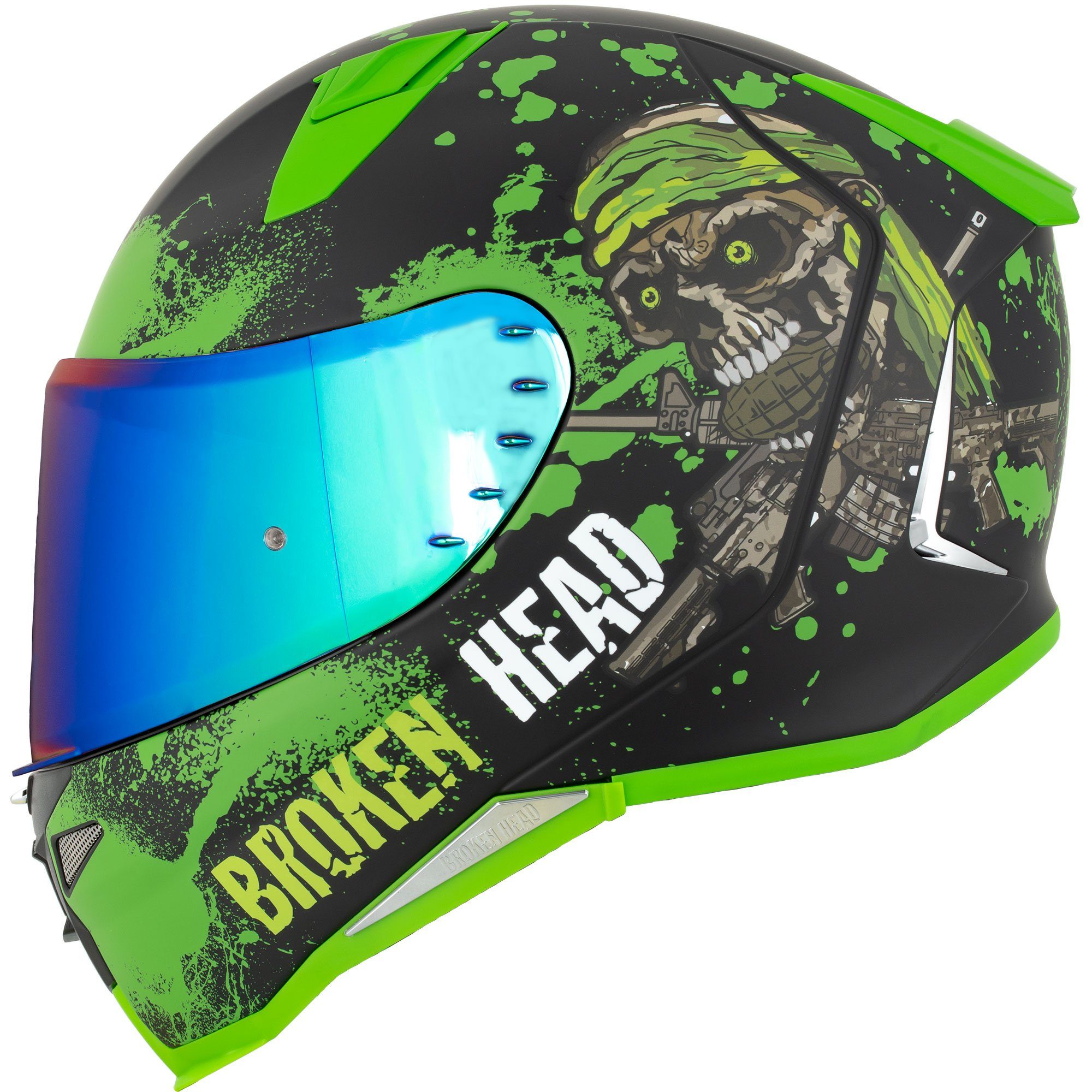 Broken Head Motorradhelm »Broken Head Jack S. V2 Pro Grün« (mit klarem und  grün verspiegeltem Visier), inklusive 2 Visieren, Pinlock vorbereitet