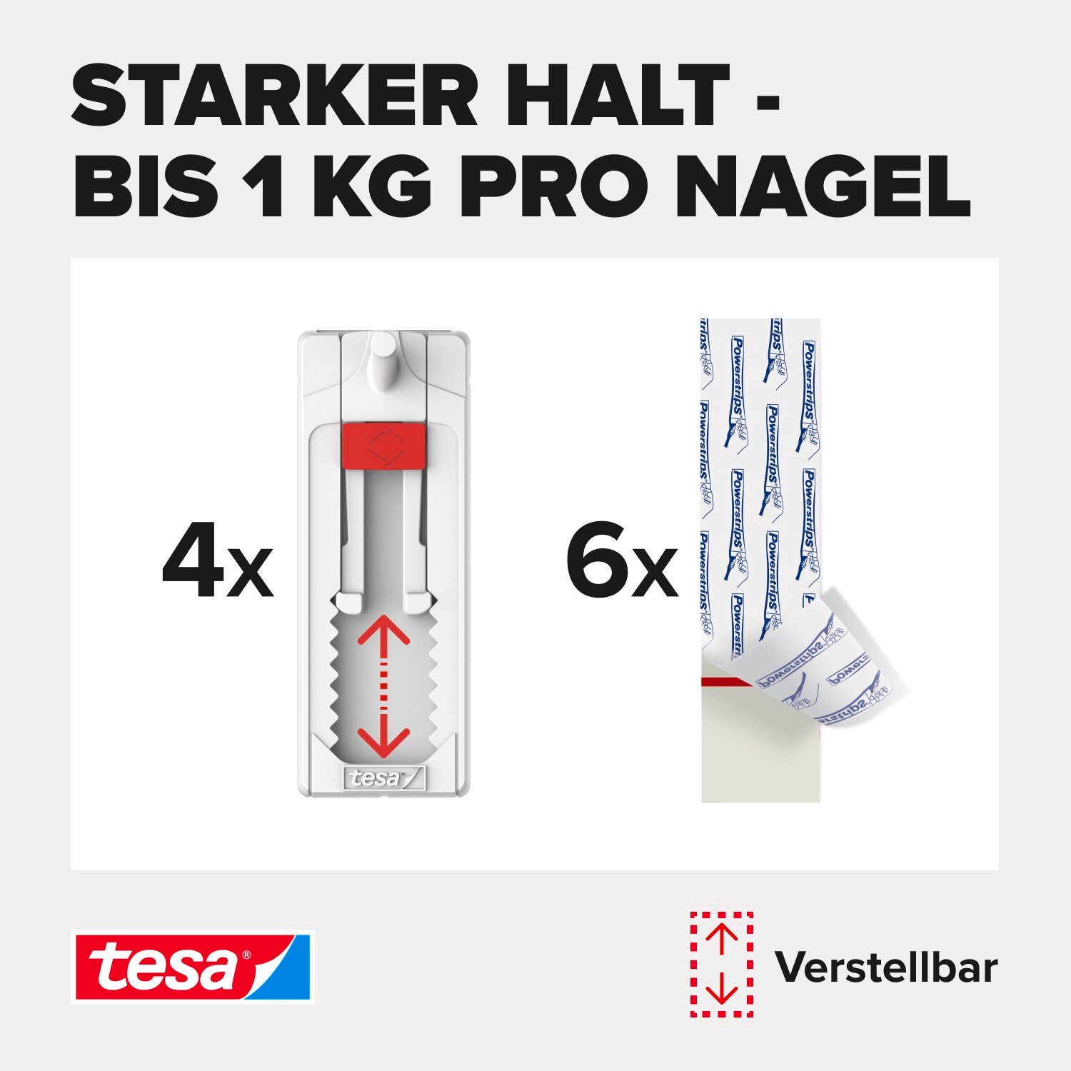 tesa Klebehaken Klebenagel mit max. 1 kg Haltekraft für Bilder - verstellbar, Dekoration, Leinwände, Bilder, Girlanden, Lichterketten, (Spar-Set, 4-St., inkl. Powerstrips), Klebenagel - POWERSTRIPS Doppelseitig - Tapete & Putz - 2 x 2er Pack