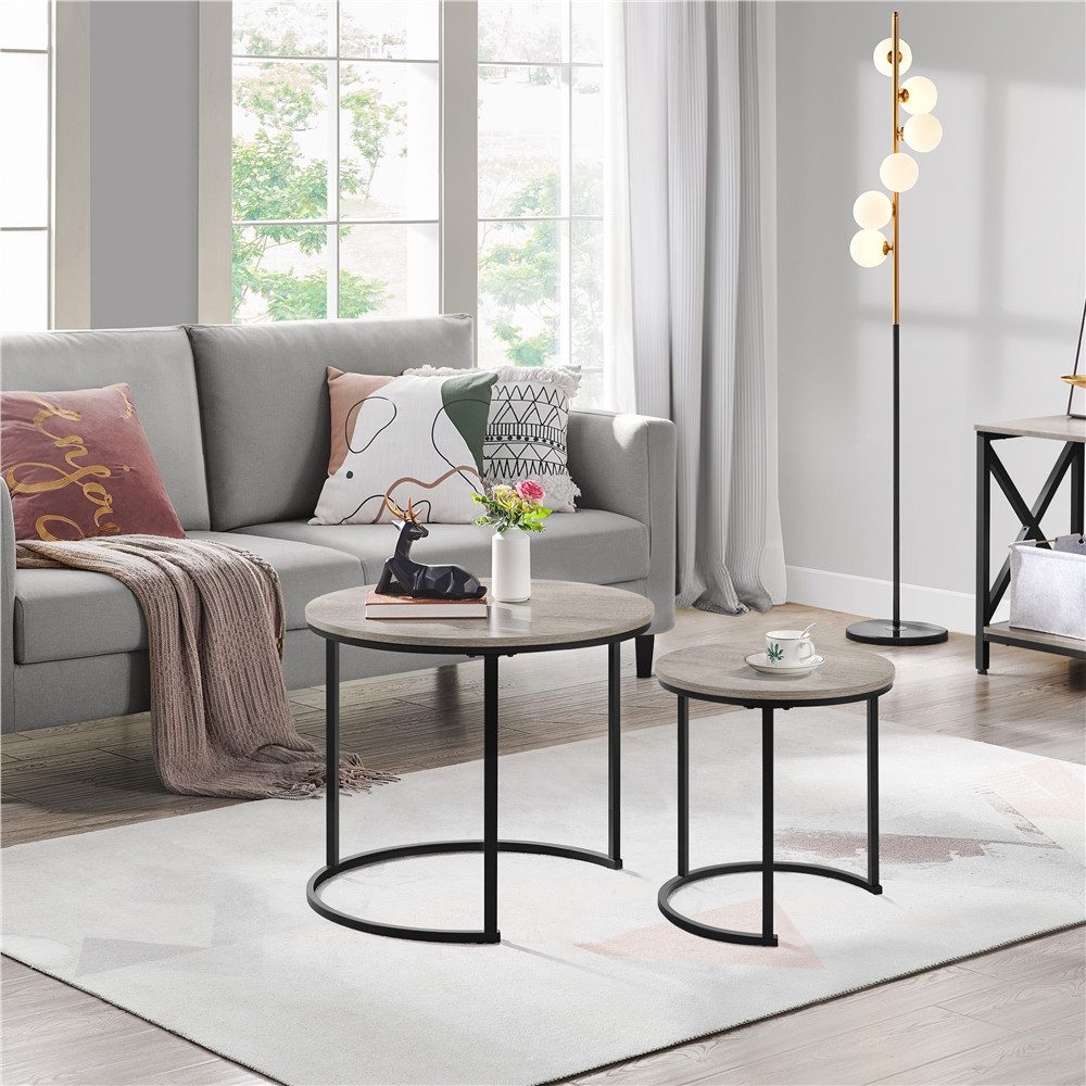 Yaheetech Couchtisch, 2er Set Beistelltisch Sofatisch mit Runder Tischplatte & Metallgestell
