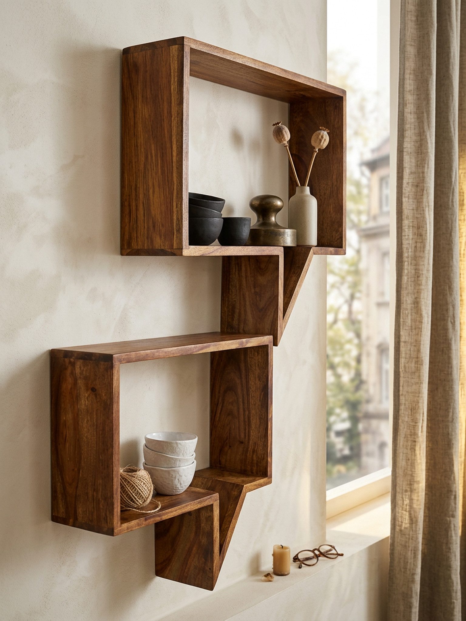 KADIMA DESIGN Wandregal 2er Set Wandregale MUMBAI Massivholz Holzregal Landhaus-Stil, Hängeregal Echt-Holz Wandboard Natur-Produkt