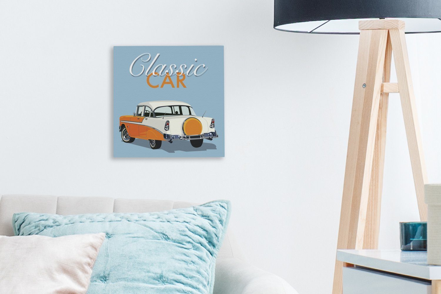 OneMillionCanvasses® Leinwandbild St), in amerikanischen für Bilder Illustration Leinwand (1 Autos Orange, Wohnzimmer Schlafzimmer eines