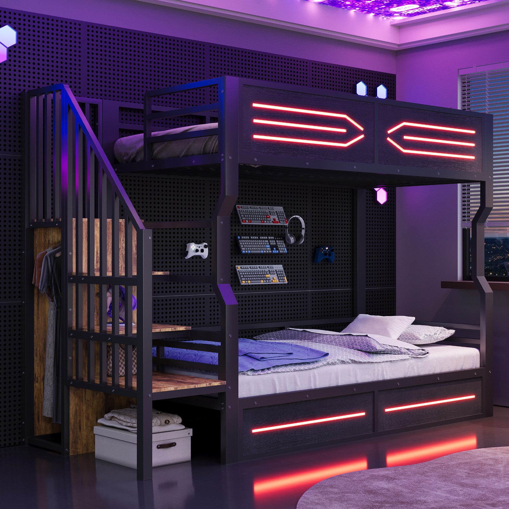 REDOM Etagenbett Jugendbett mit Stauraum, kleiner Treppe im Schrankstil (mit LED-Beleuchtung, hohem Geländer, Eisenbett, Kinderbett, 90 × 200 cm), Inklusive Matratze