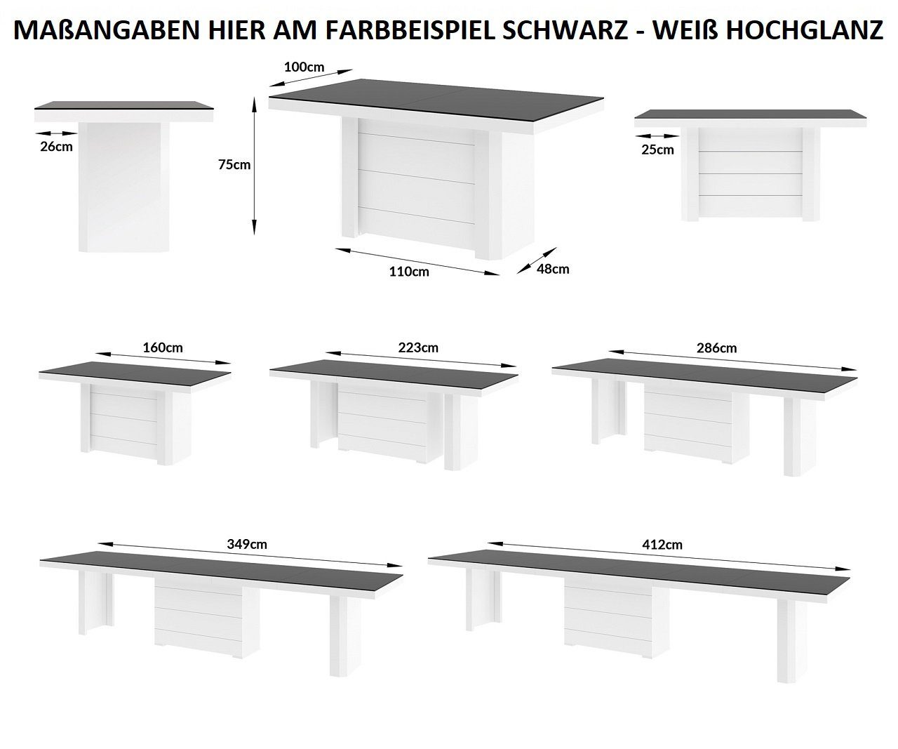 designimpex Esstisch Design ausziehbar 412 HE-444 bis 160 cm XXL Tisch Hochglanz Weiß