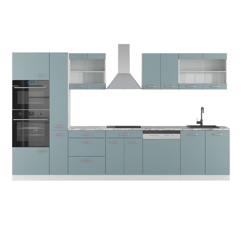 Vicco Küchenzeile R-Line, Blau-Grau/Weiß, 300 cm mit Hochschrank, ohne Arbeitsplatte