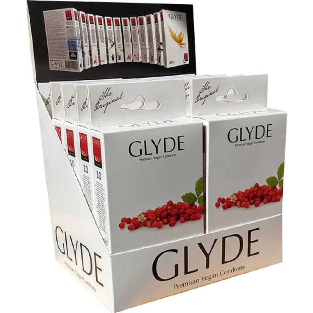 Glyde Kondome Glyde Ultra, 10x10 vegane Kondome Spar-Set, Sorte: Slimfit Strawberry, Zertifiziert mit der Veganblume, Gefühlsecht & Reißfest, rot gefärbt und mit natürlichem Erdbeer-Aroma, Größe XS | Kondome