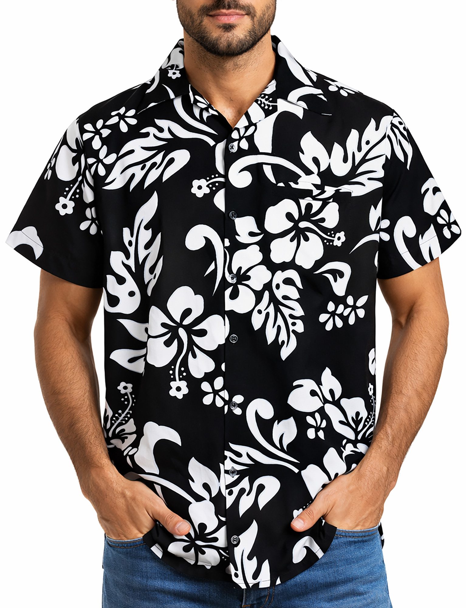 King Kameha Hawaiihemd "Hibiscus" Funky Hawaii-Hemd Herren Kurzarm Front-Tasche Stylish