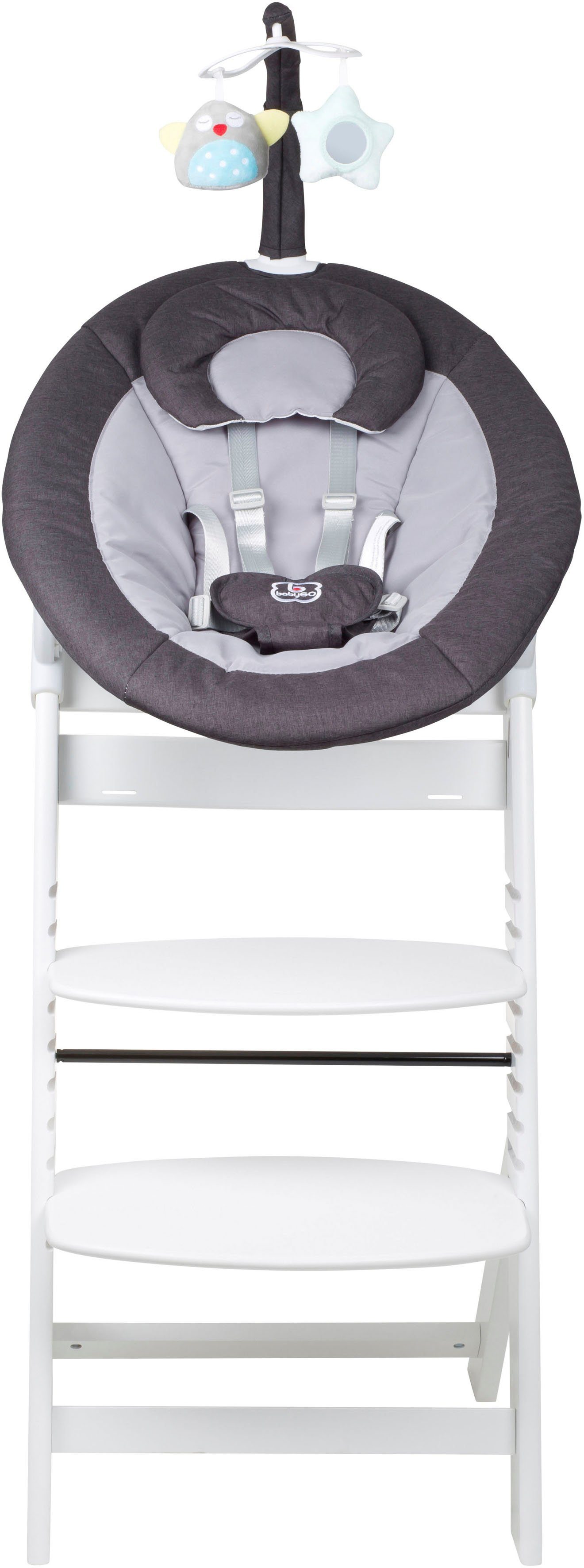 BabyGo Hochstuhl Family Homey Set, weiß/dunkelgrau, mit elektrischer Babywippe inkl. Spielbogen