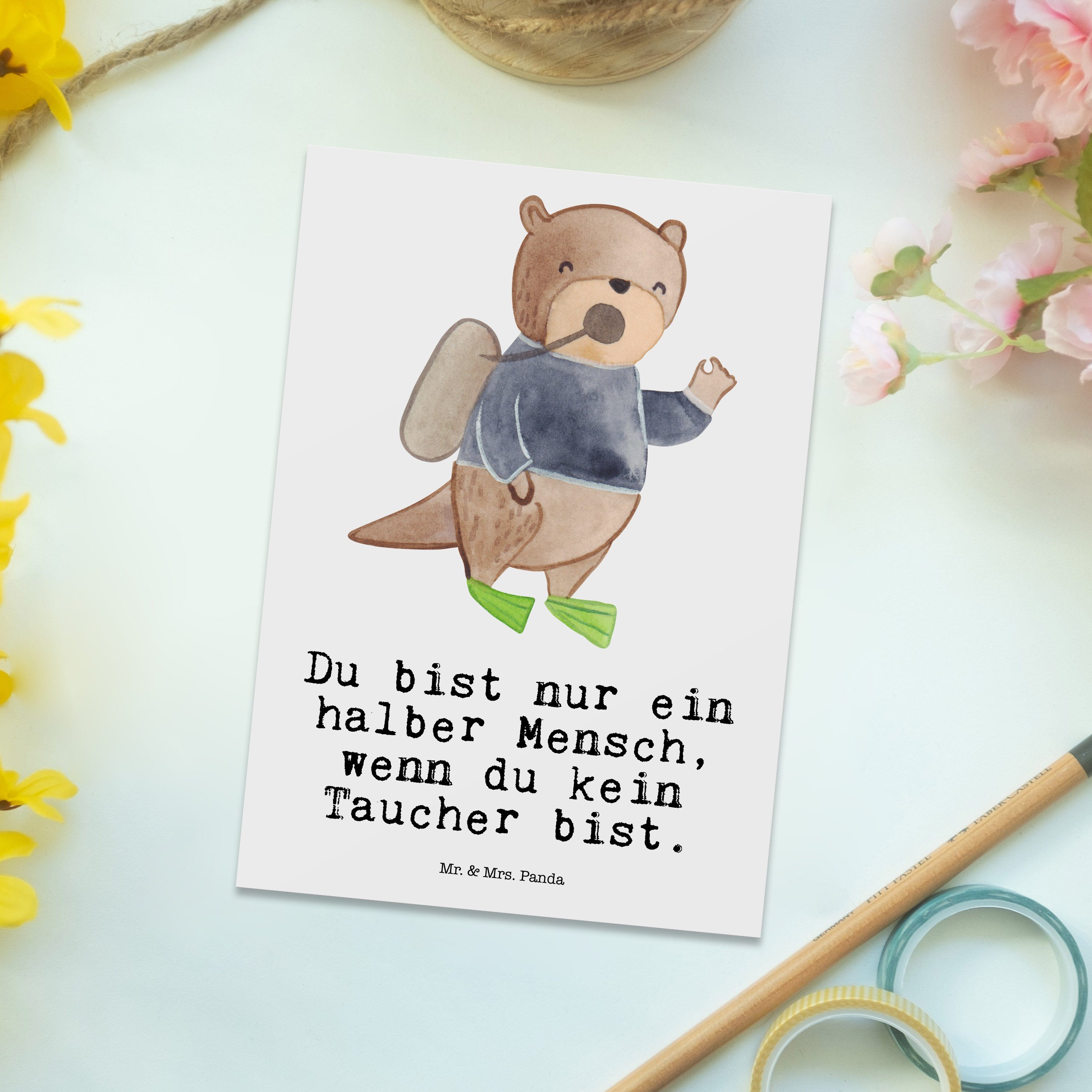 Mr. Panda Weiß & Ansichtskarte Postkarte Herz Mrs. Geschenk, - Taucher mit Karte, Ausbildung, -