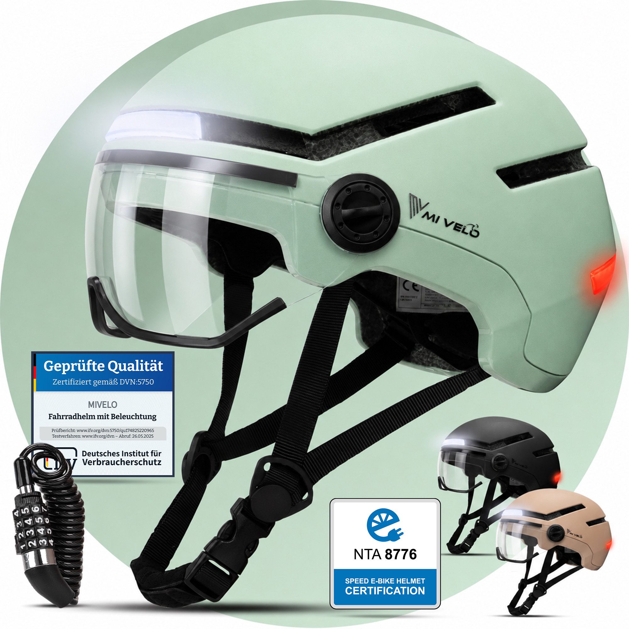 MIVELO Fahrradhelm NOVA - mit Licht vorne & hinten und Visier für Damen und Herren, 360° Beleuchtung, 24 Monate Crash-Ersatz-Garantie