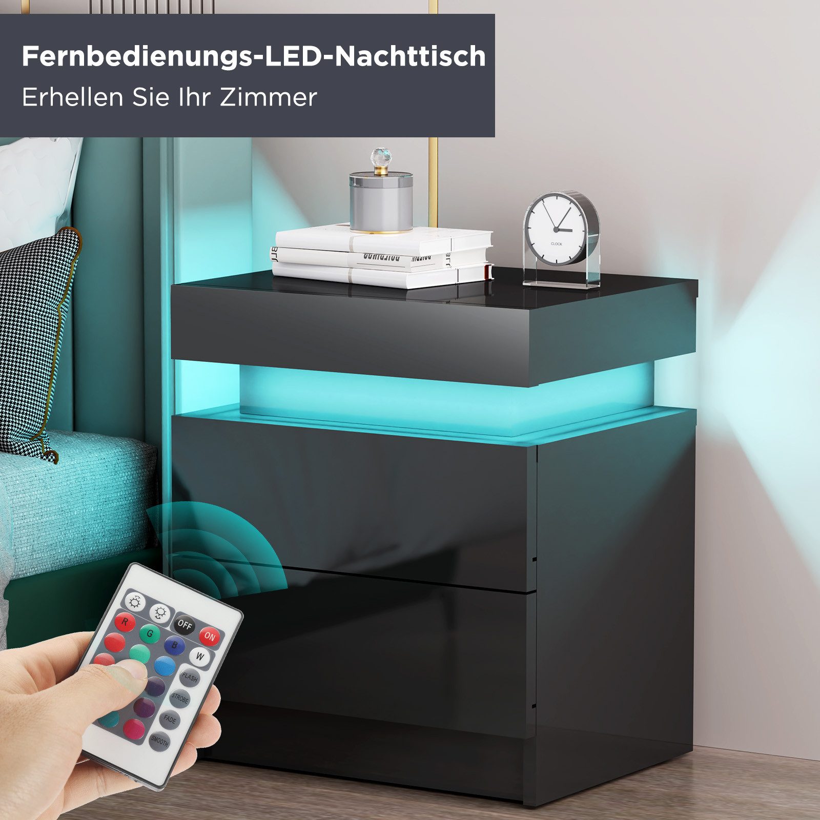 oyajia Nachttisch Hochglanz Nachtschrank mit 2 Schubladen,LED-Beleuchtung 16 Farben (Nachttisch mit LED Streifen, Beistelltisch), Nachttisch mit einstellbare Fa – Bild 5 von 5