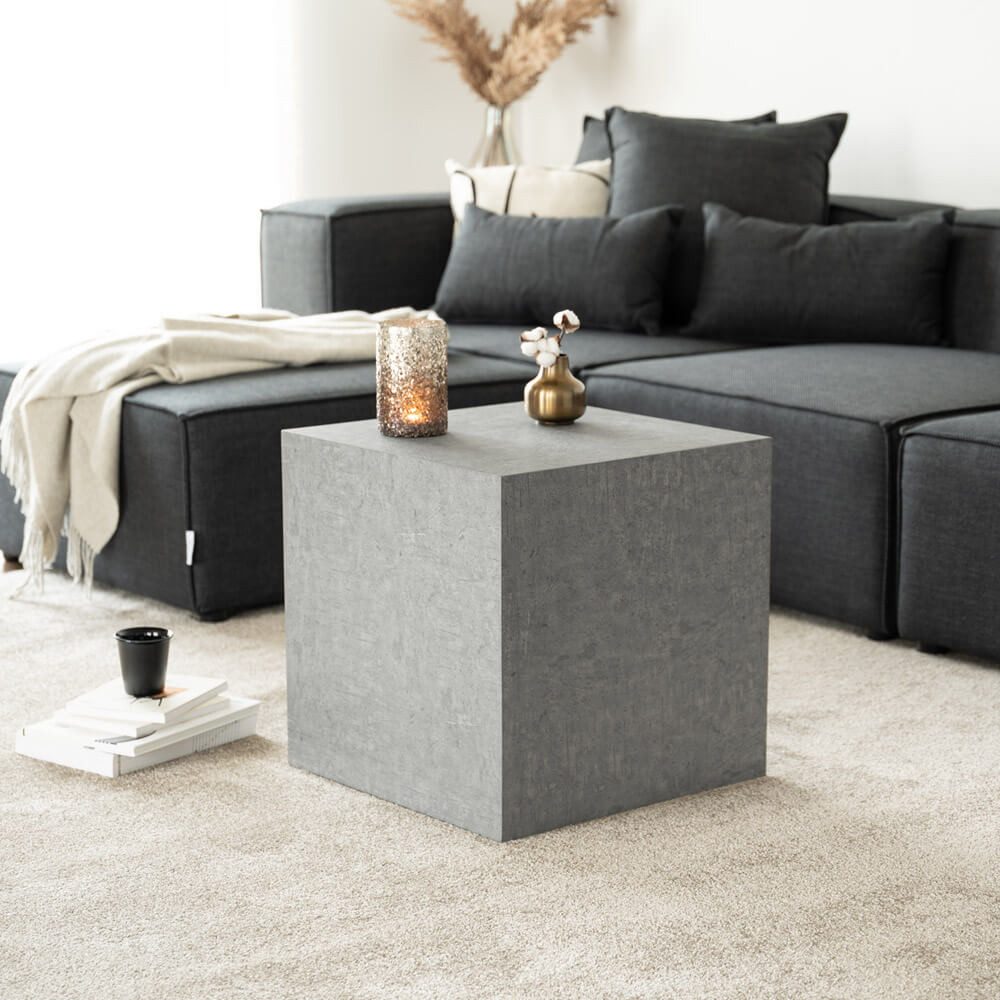 HOME DELUXE Couchtisch SELY - 50 x 50 x 50 cm, Travertin-Effekt, Marmoroptik Beistelltisch, Japandi
