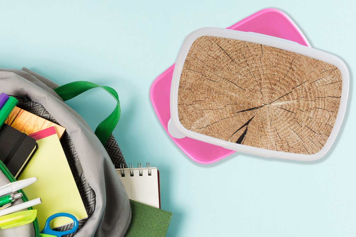 Erwachsene, Brotdose für - Kinder, Kunststoff, Baumstamm Mädchen, - Brotbox Snackbox, Kunststoff Holz, (2-tlg), rosa Baumringe Lunchbox MuchoWow