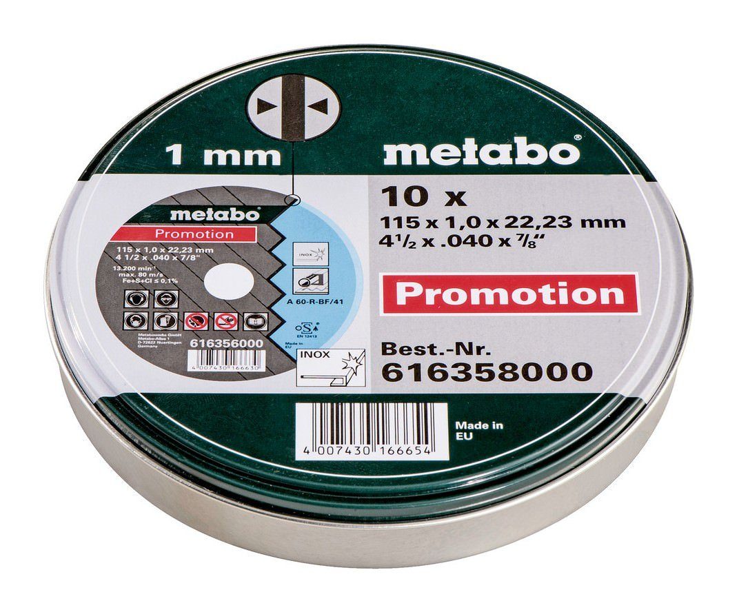 metabo Trennscheibe, Ø 115 mm, (10 Stück), Trennscheiben Promotion 115 x 1 x 22,23 Inox TF 41 in Blechdose