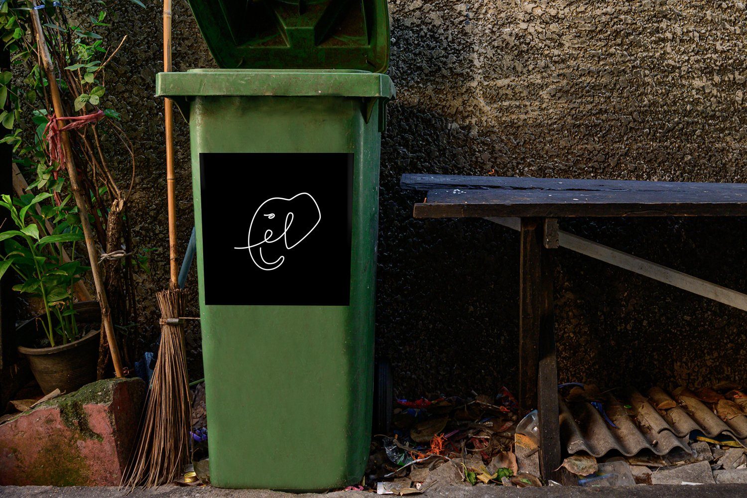 Mülleimer-aufkleber, - - MuchoWow Einfach Container, Abfalbehälter Elefant (1 St), - Wandsticker Mülltonne, Weiß Schwarz Sticker,