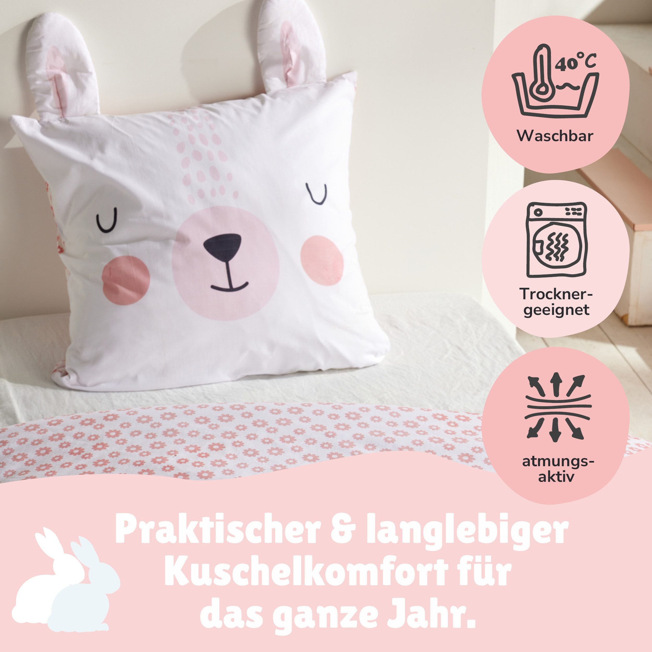 Familando Kinderbettwäsche Rabbit 135x200 80x80 cm Bettwäsche Hase mit Ohren, Renforcé, 2 teilig, mit liebevollem Motiv & süßen Details für Mädchen – Bild 5 von 5