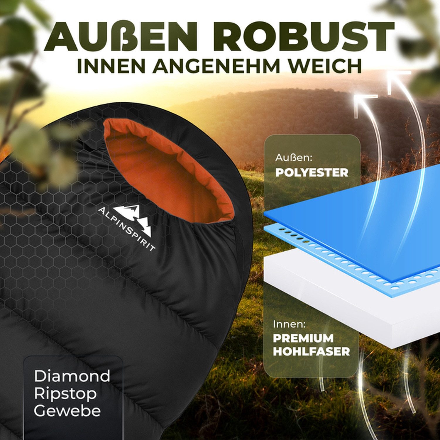 AlpinSpirit Mumienschlafsack [Ultraleicht] 3 Jahreszeiten Sommer & Winter, Packmaß, 210x75 cm (Festival, Trekking, Outdoor, Camping), 2 Wege Reißverschluss, 3 Jahreszeiten, Wasserabweisend