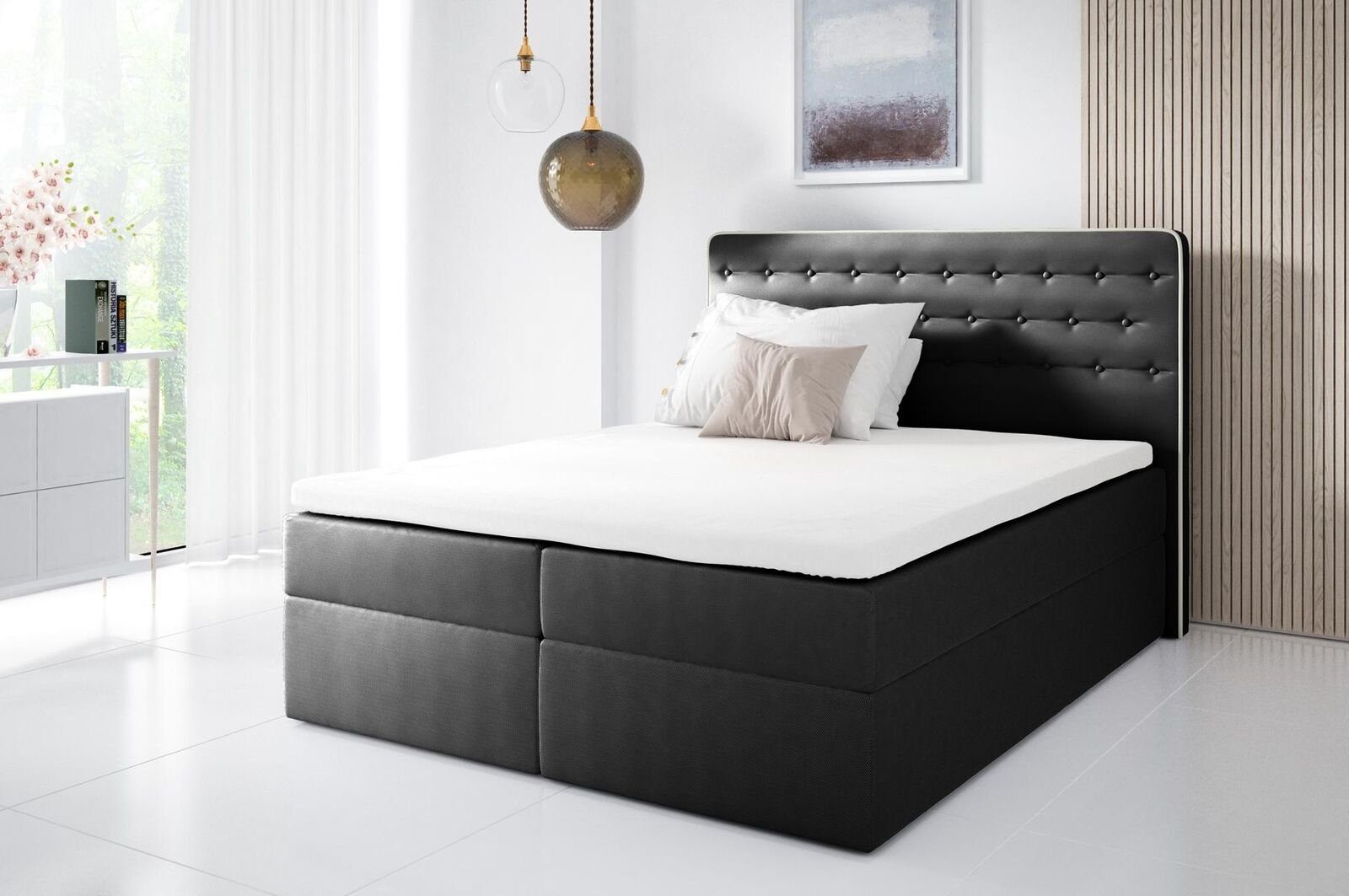 JVmoebel Bett, Bett mit Bettkasten Boxspringbett Zeitgenössisch Doppel Hotel 160cm Schwarz