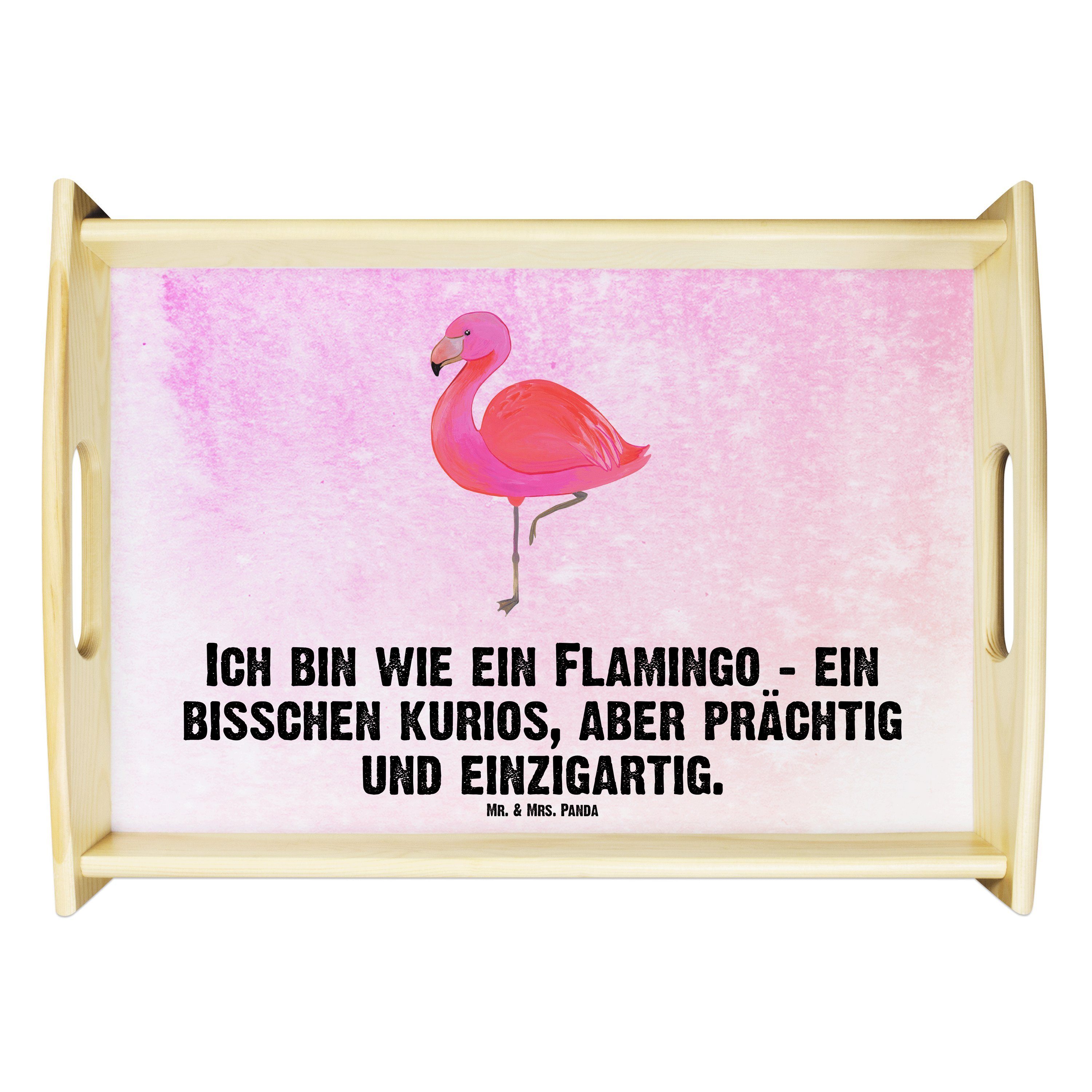 Mr. & Mrs. Panda Tablett Flamingo classic - Aquarell Pink - Geschenk, Tablett, ich, Holztablet, Echtholz lasiert, (1-tlg)