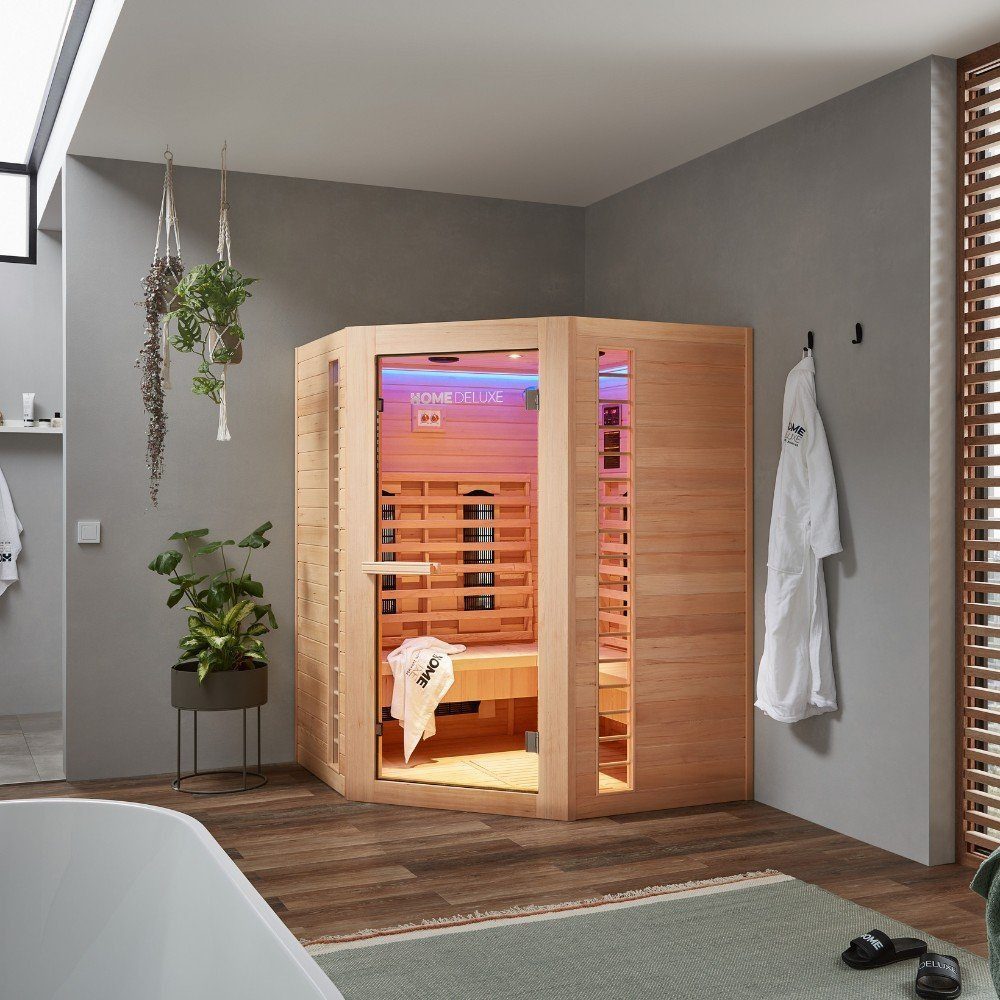 HOME DELUXE Infrarotkabine REDSUN DELUXE XXL, BxTxH: 150 x 150 x 190 cm, (Komplettset) 7 Vollspektrumstrahler, Hemlocktanne, für 4 Personen l Infrarotsauna