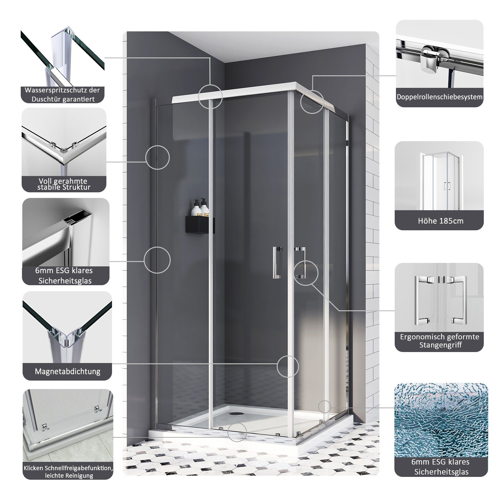 Boromal Eckdusche Duschkabine 90x80 80x90 Schwarz günstig online kaufen