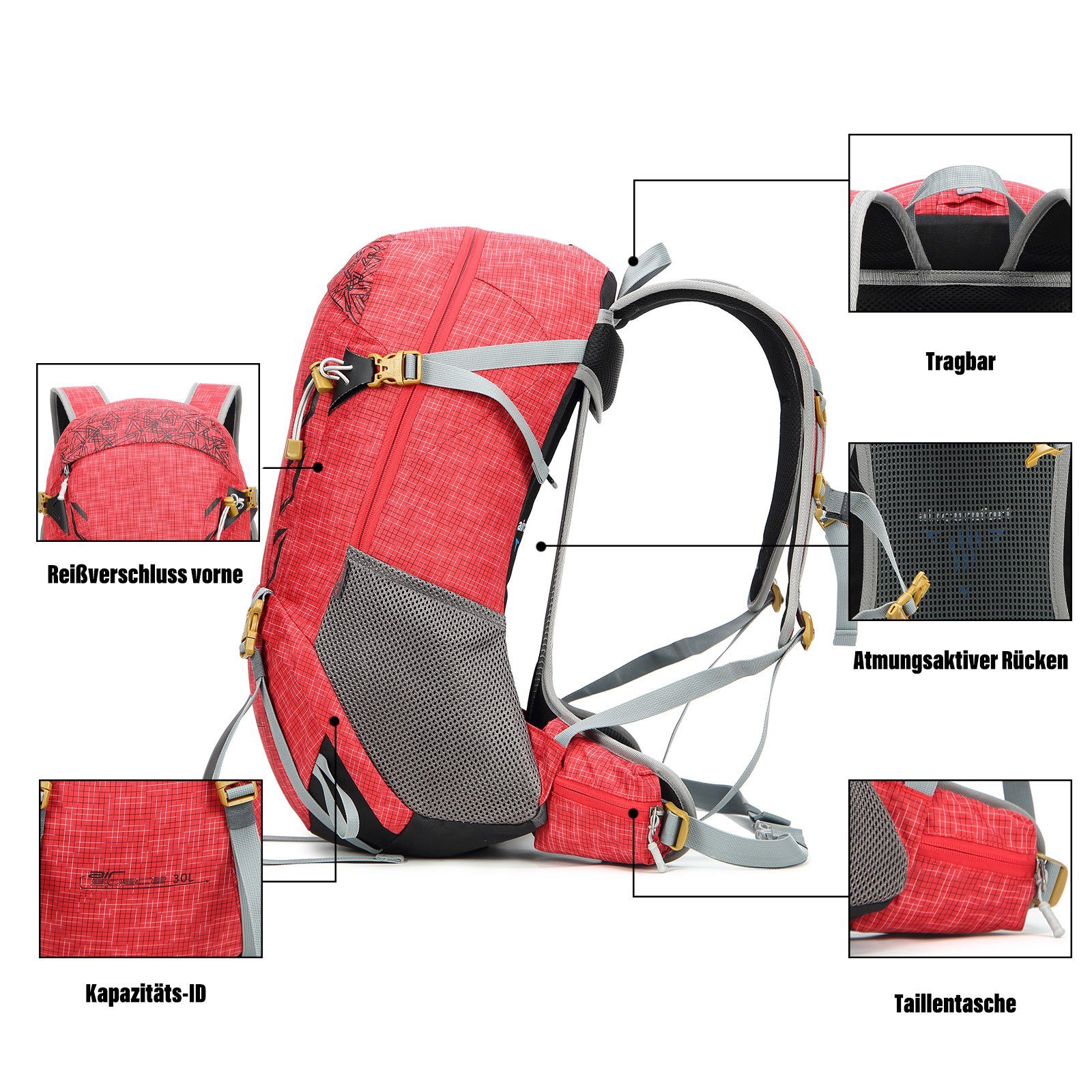 Rot mit Outdoor Rückenbelüftung, Wanderrucksack Camping Reisen Wasserdicht 30L mit Trekking Wanderrucksack Regenschutz (Einschließlich Regenschutz), TAN.TOMI für Großer