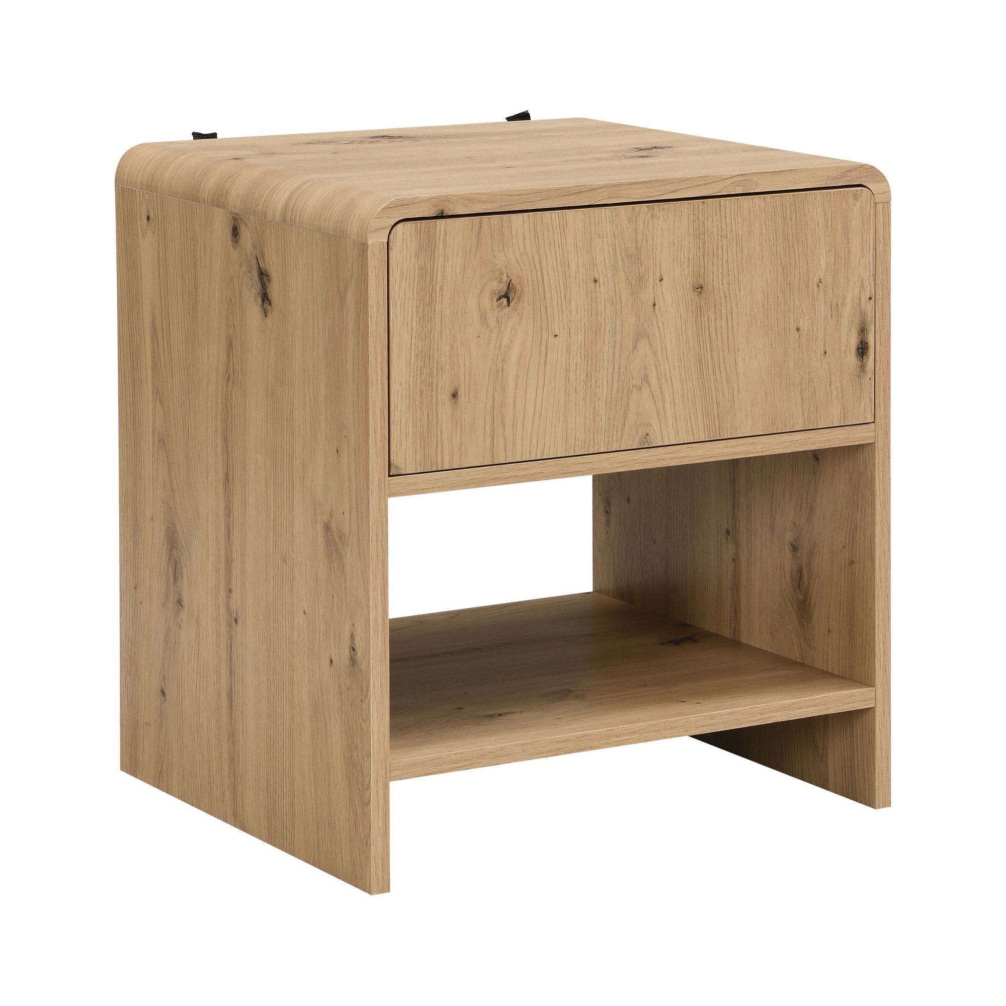 Wohnling Nachttisch WL7.641 Nachttisch Nachtkästchen Boxspringbett 50cm Eiche Dekor Schub (Moderne Nachtkonsole in warmer Eiche-Optik), Praktische Schublade und ein offenes Ablagefach